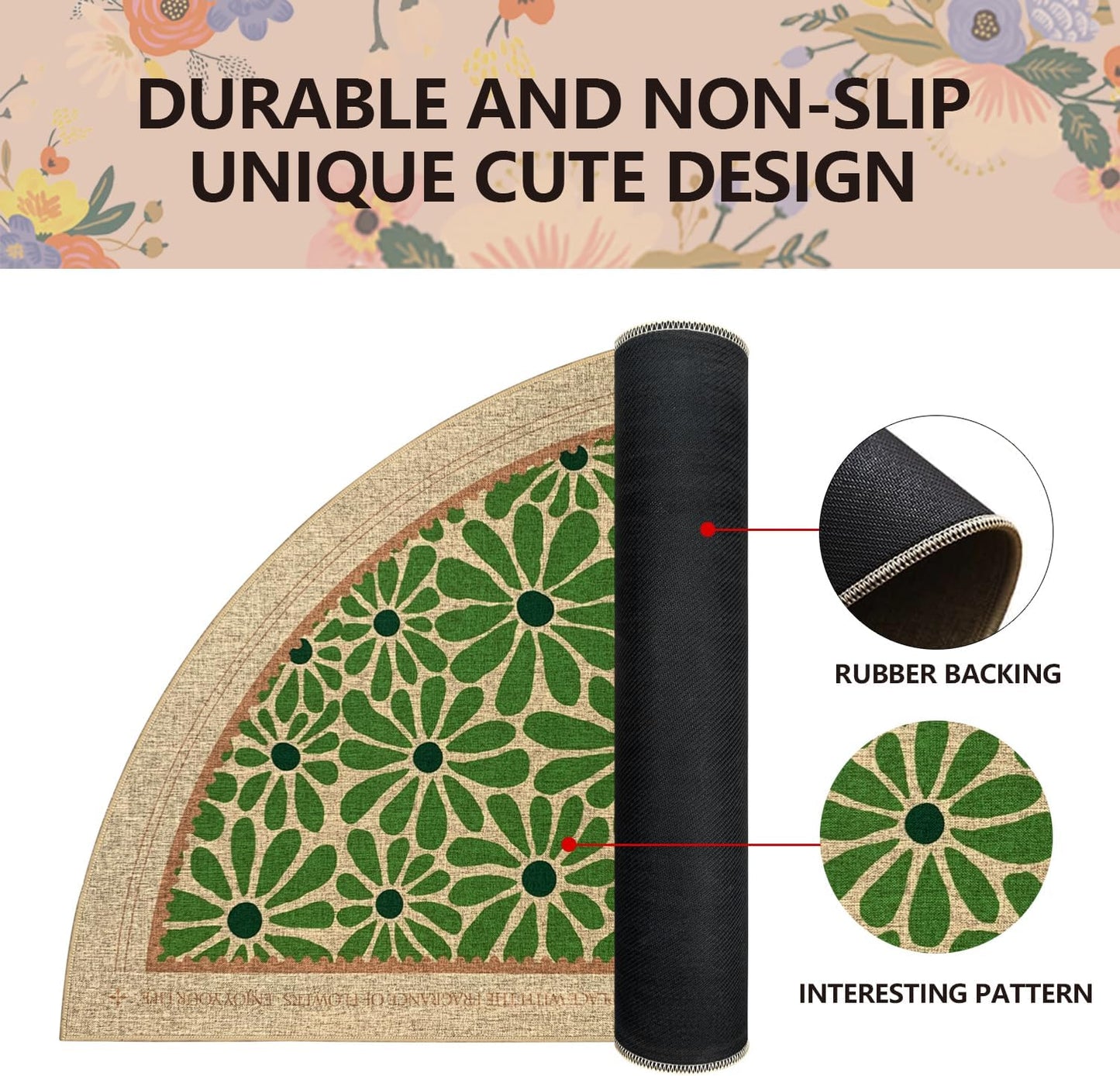 SHIYUE Triangle Corner Rug Kitchen Rugs Washable Non Slip Area Rug Water, Comfort Soft Rubber Standing Sink Mat Bathroom and Bedroom Laundry Mat(32in Green Flower)