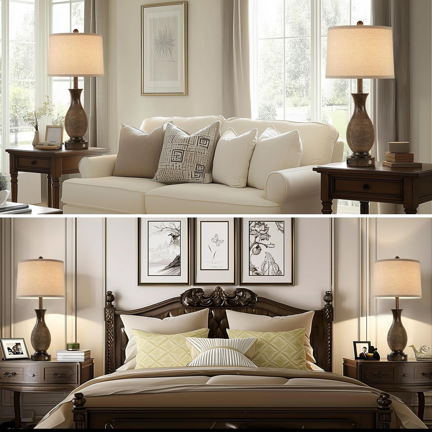 28" Rustic Farmhouse Lamps for Living Room Set of 2 Bedside Table Lamps for Bedroom Nightstand with USB A+C Charging Ports, 3-Way Dimmable Touch Lamp, Brown, Linen Lampshade, LED Bulbs Included