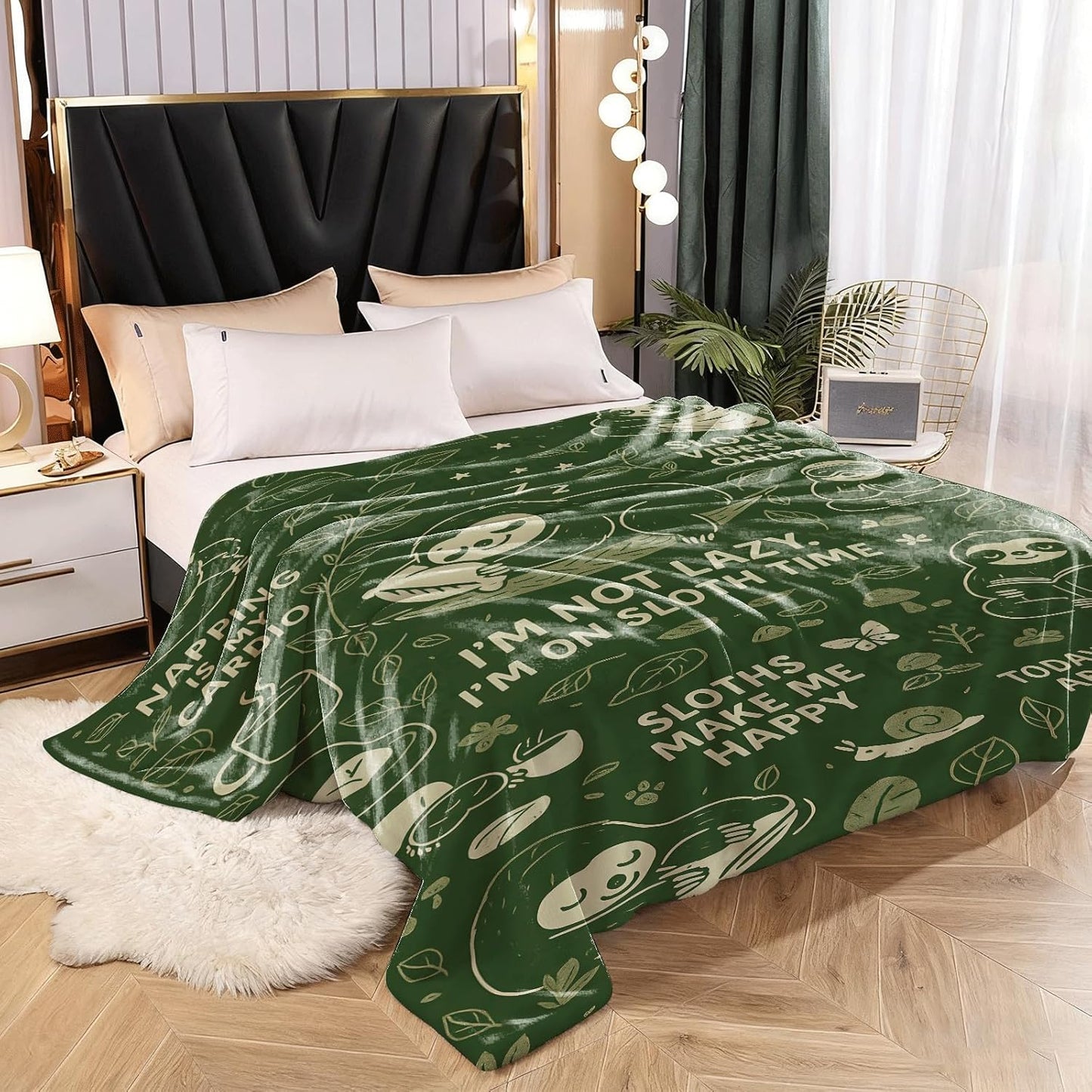 Sloth Throw Blanket 60x50 - Cozy Polyester Flannel Fleece, Forest Green Cartoon Design, Soft Lightweight Couch/Bed/Dorm Throw, Cute Animal Gift for Sloth Lovers, Kids Teens Adults