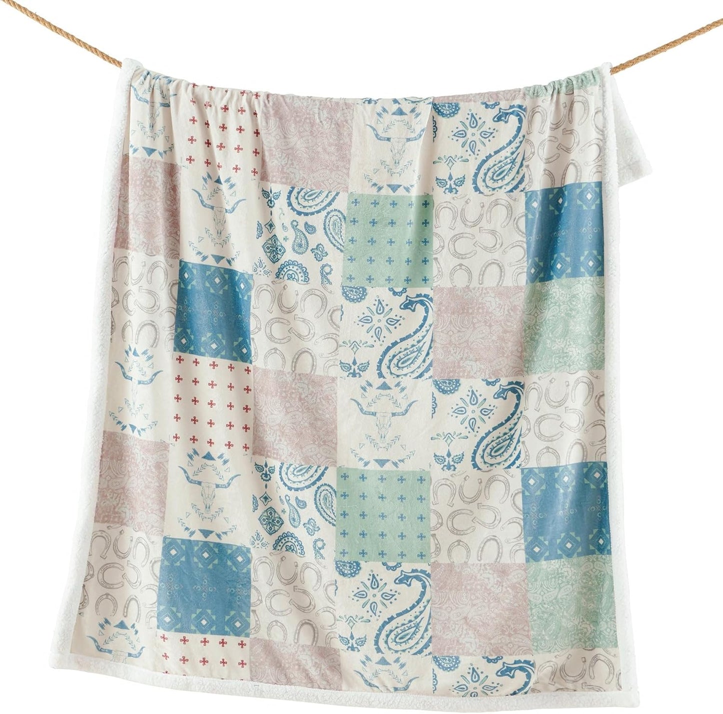 Indigo Hill by HiEnd Accents Patchwork Paisley Sherpa Throw Blanket, Bandana Longhorn Horseshoe Western Throw Fleece Blanket, Sherpa Plush Throw, Soft Blankets for Couch Sofa Bed, 54x68 inch