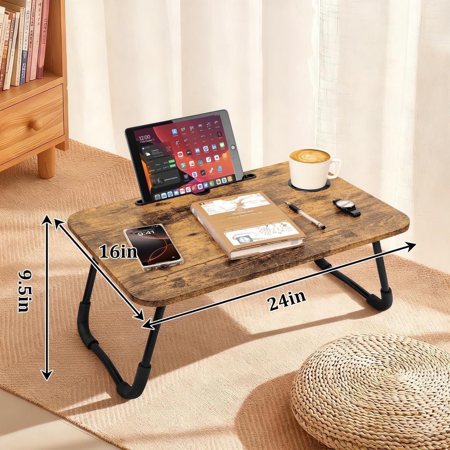 Lap Desk Foldable Laptop Table Portable Bed Tray Desk with Holders for Cup and Tablet Small Personal Lap Tables for Sofa Couch Floor Travel Beach Camping Dark Brown
