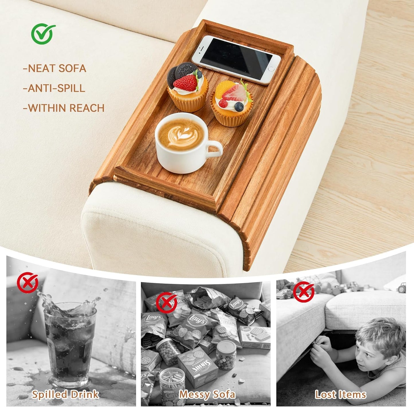 GEHE Acacia Wood Sofa Arm Tray, Foldable Couch Arm Tray Side Table, Anti-Falling Armrest Tables Cup Holder for Snacks, Drinks, Beers, Phone, Control, Flexible and Portable, Anti-Slip