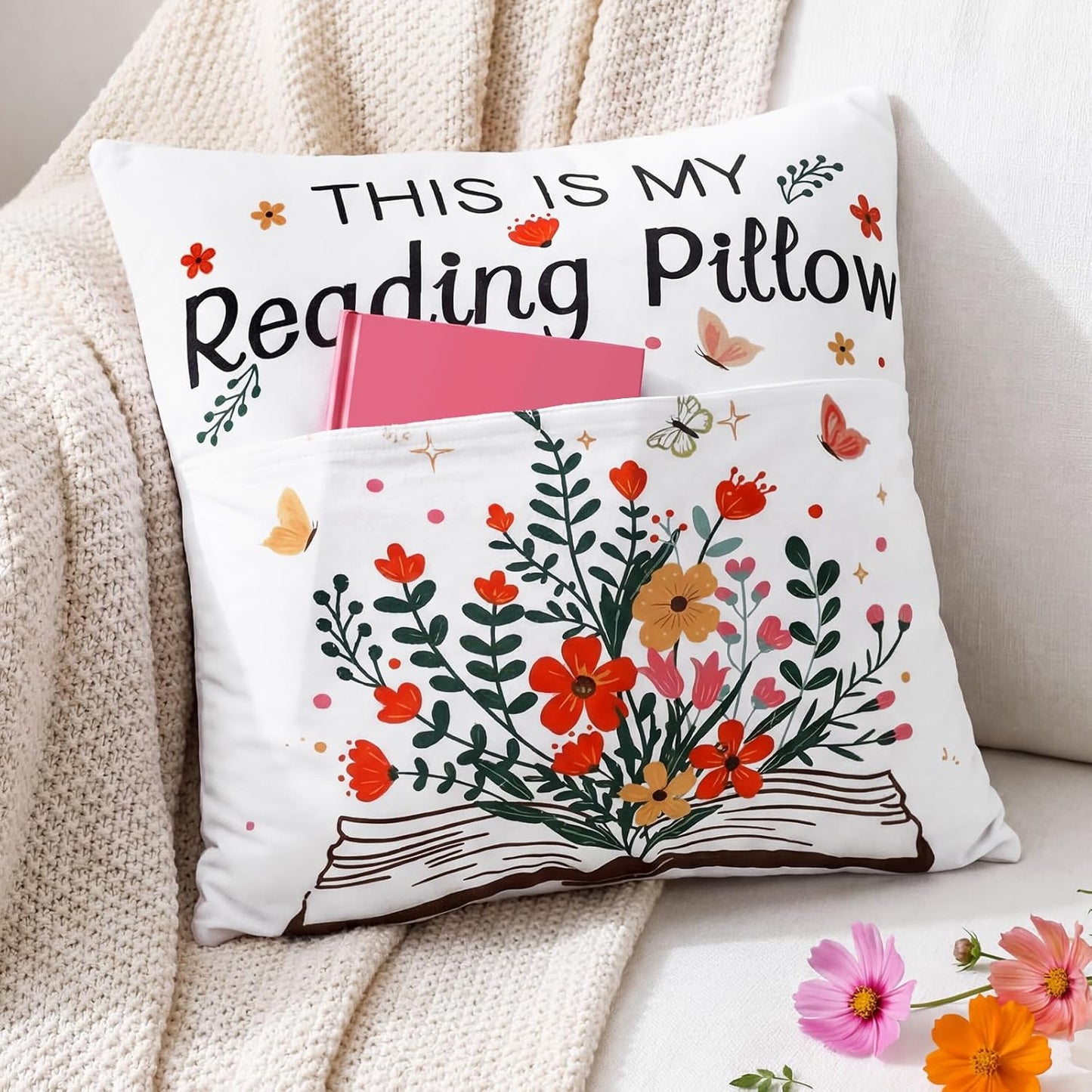 18 x 18 Inch Pocket Pillow This is My Reading Pillow with Flower Bookish Gifts for Book Lovers, Bookworm Librarian Gifts for Office Sofa Couch or Cozy Corner(Reading Style)