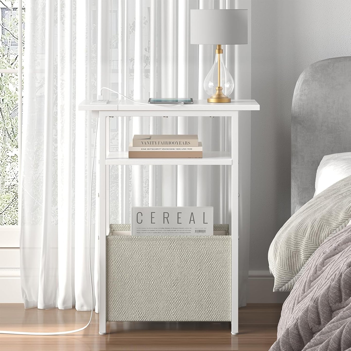 Narrow Side Table with Charging Station, Small End Table for Small Spaces, Skinny Nightstands with Storage Basket, 3 Tier Sofa Couch Bedside Tables for Living Room,Bedroom, White