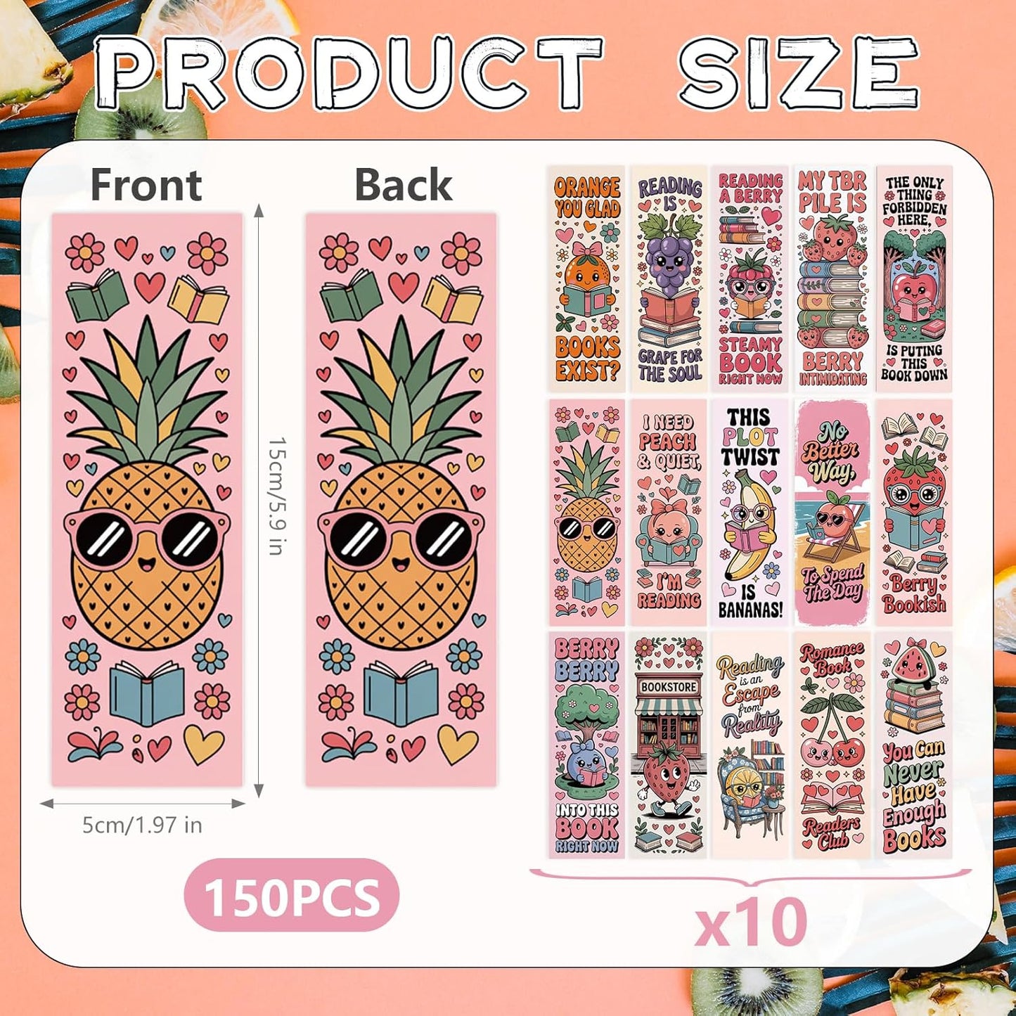 Funny Bookish Bookmarks for Kids, 150 Pcs Fun Fruits Bulk Paper Bookmark Reading Accessories for Women, Cute Watermelon Pineapple Strawberry Bulk Book Marks Gift for Kid Students Book Lovers