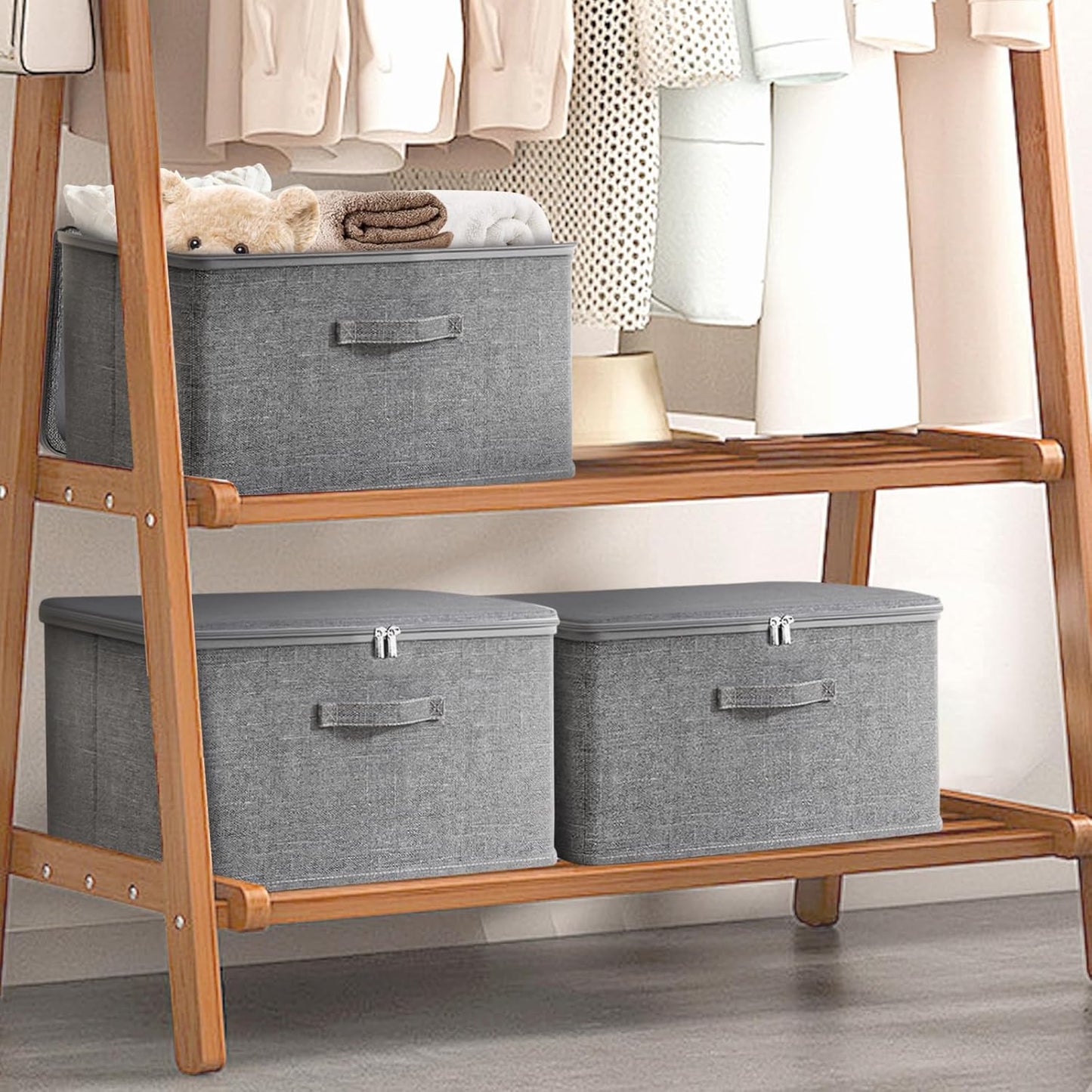 Collapsible Storage Bins for Home Organization,Grey storage Bins Waterproof Fabric Foldable Organizer Boxes [3 Pack], 17.72in x 13.78in x 10.24in (45CM x 35CM x 26CM)