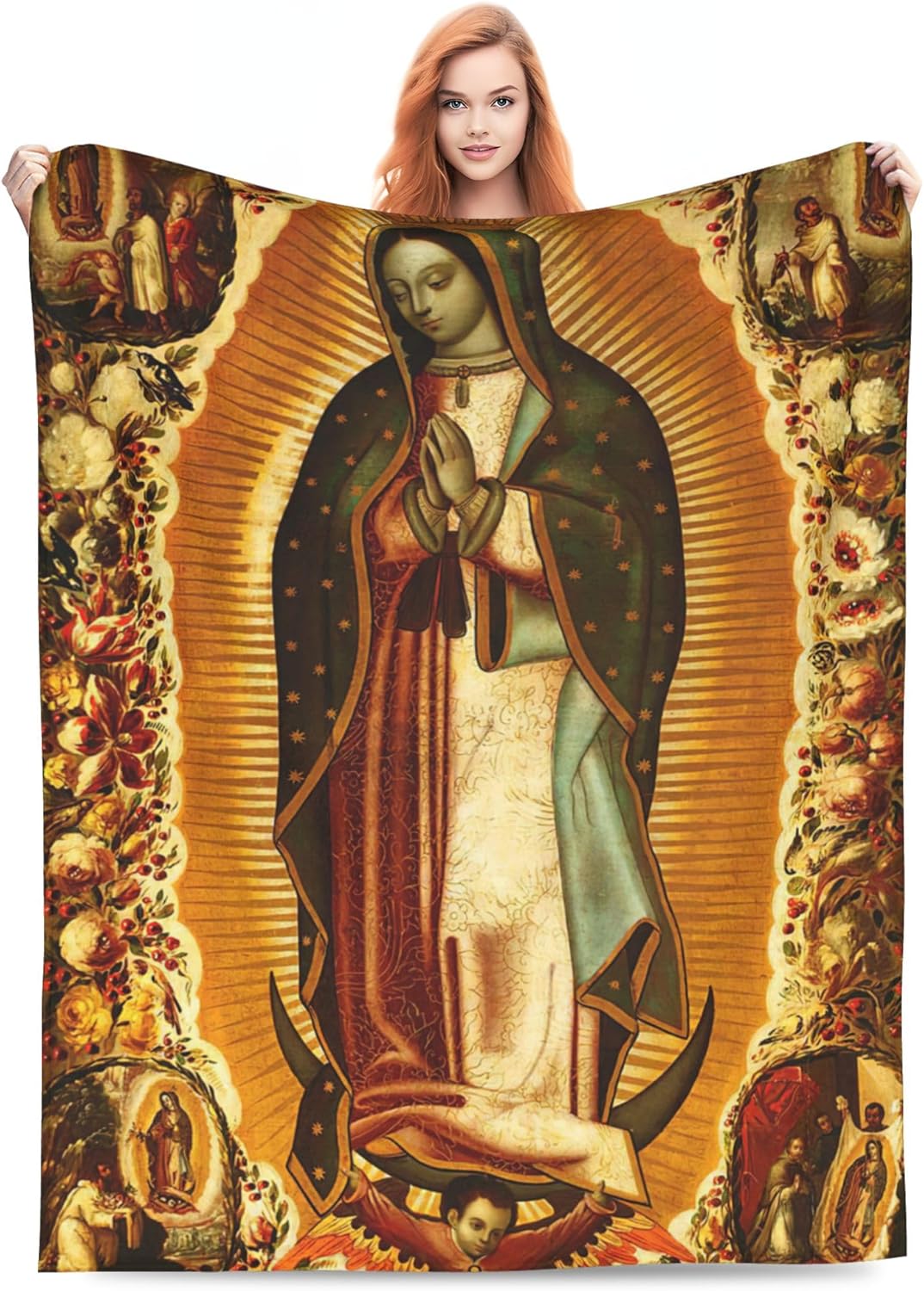 Mexican Religious Catholic Virgin Mary Our Lady of Guadalupe Virgen De Guadalupe Full Fleece Throw Cloak Wearable Blanket Flannel Comforter Quilt Bedroom Bedding Plush Soft Cozy