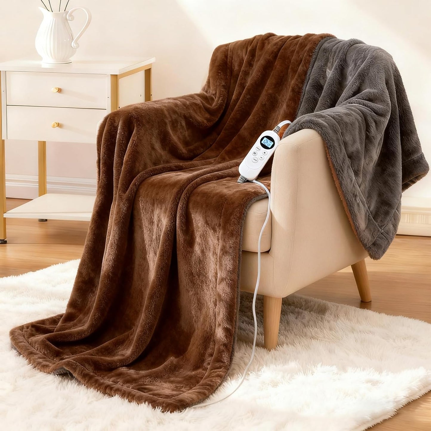 Electric Heated Blanket Throw 50''x60'' – Soft Dual-Sided Flannel, 12 Heat Settings, Smart Timer, ETL & FCC Certified, Machine Washable (Brown & Gray, Single(50"x60"))