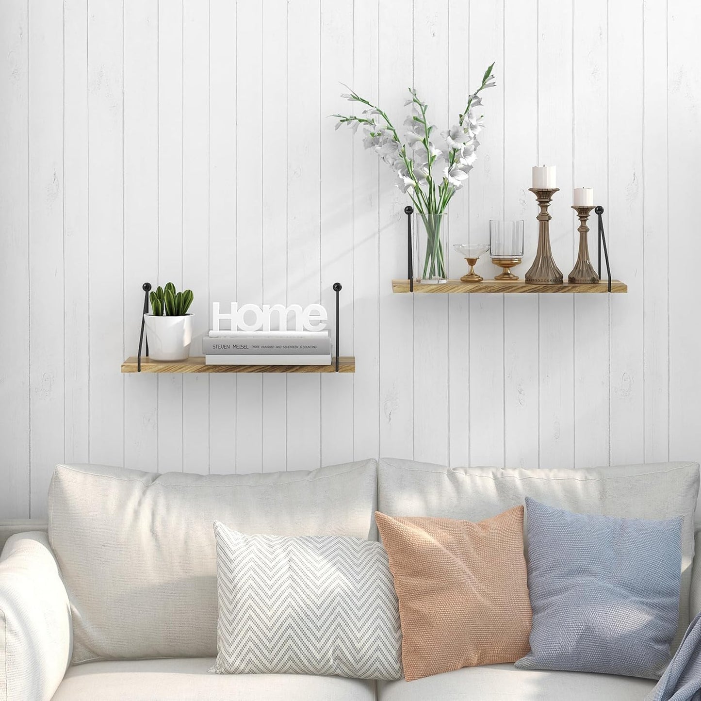Sapowerntus Floating Shelves Wall Mounted Shelf Rustic Light Wood Bathroom Bedroom Kitchen Hanging Storage Organizer with Triangle Metal Brackets Farmhouse Living Room Office Home Decor Set of 2