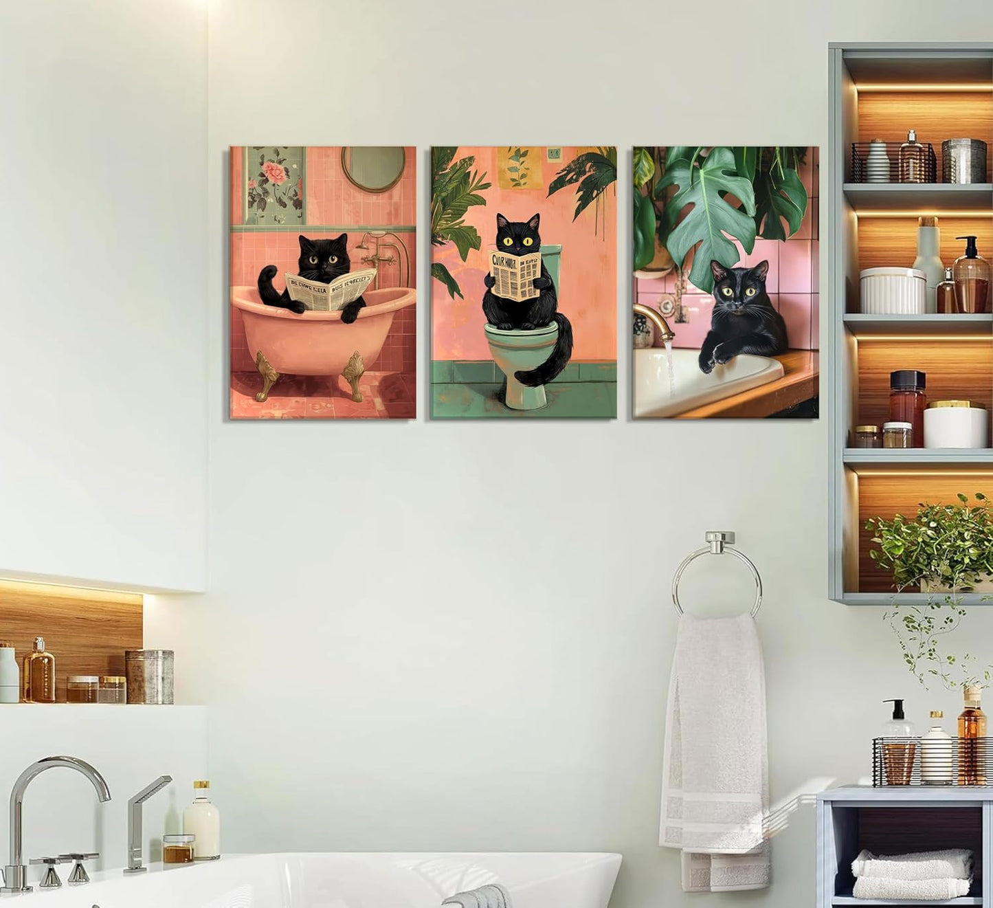 3Pcs Pink Bathroom Cat Canvas Wall Art Black Cat Sitting on Toilet Reading Posters Funny Cat Bathroom Prints Pink Animal Pictures Green Botanical Painting Wall Decor for Bathroom Toilet Framed