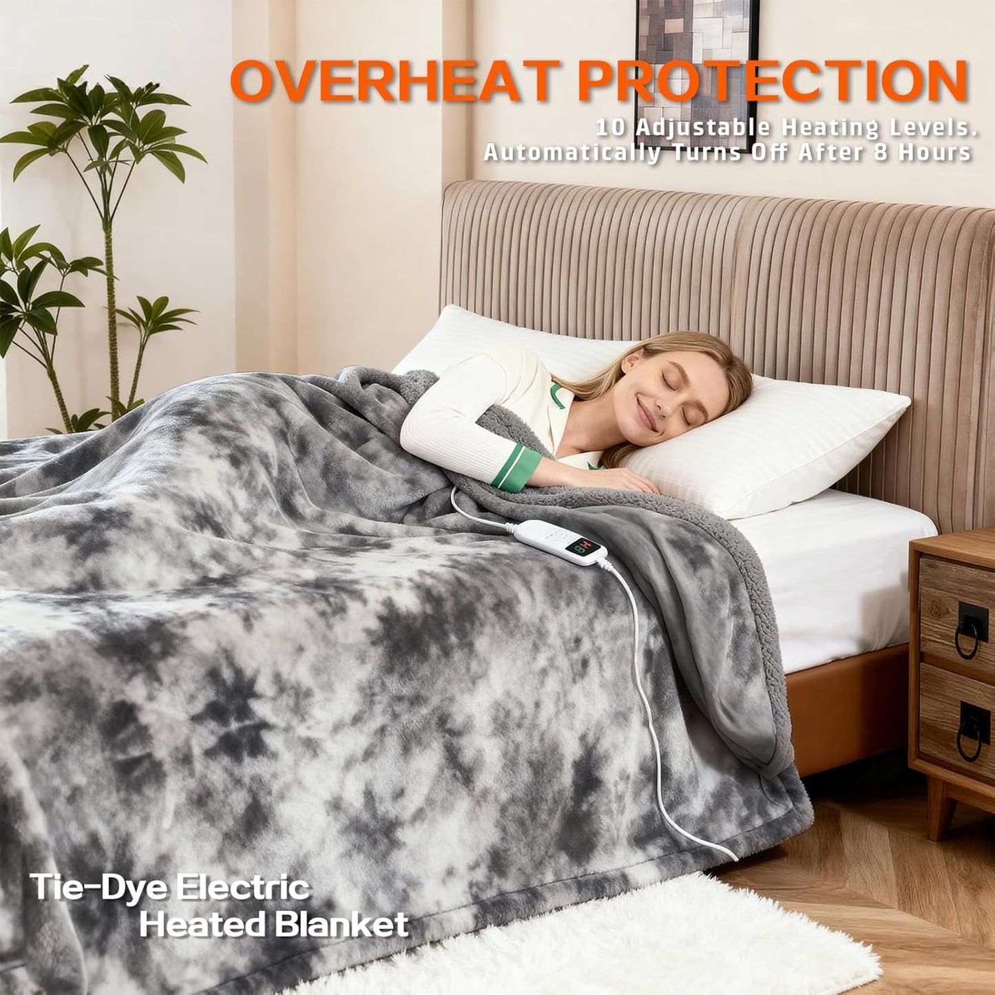 Electric Heated Blanket Throw 50''x60''Size Faux Fur Heating Blanket 10 Heating Settings, 1-8h Timer & Overheat Protection, Machine Washable, Soft Flannel and Sherpa Full Body Warmth