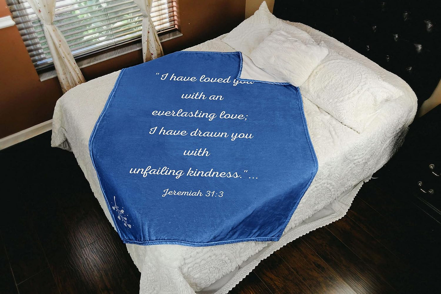 Scripture Blanket Soft Prayer Blanket with God's Love Verse from Jeremiah 31:3 - Blue 50"x65" Inspirational Bedspread - Lightweight Flannel Fleece Bible Verse