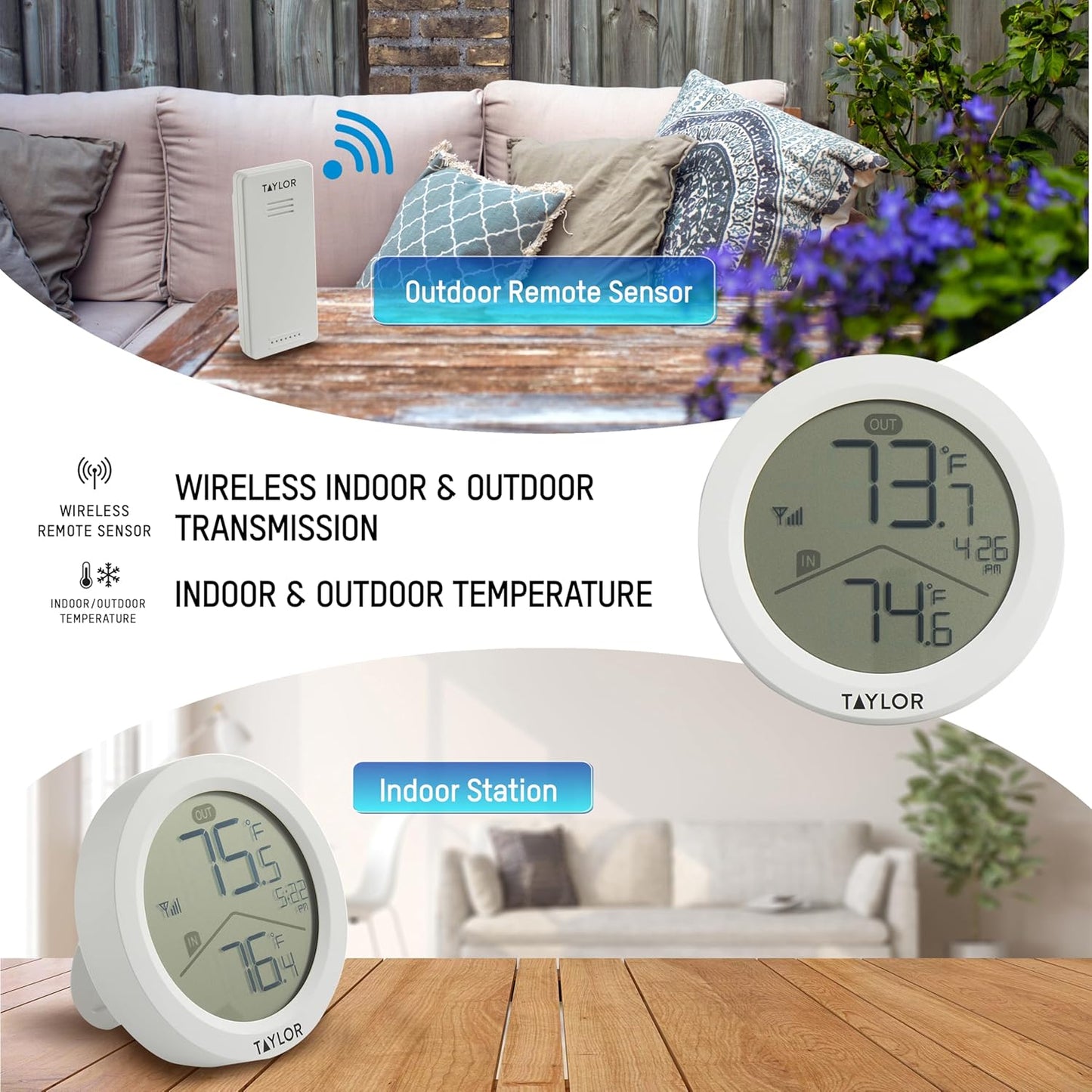 Taylor Digital Wireless Round Indoor Comfort Level Thermometer and Clock, Wireless Remote Sensor, Easy-to-Read Display for Home, Office, Greenhouse, Nursery, and Indoor Areas, LCD, White