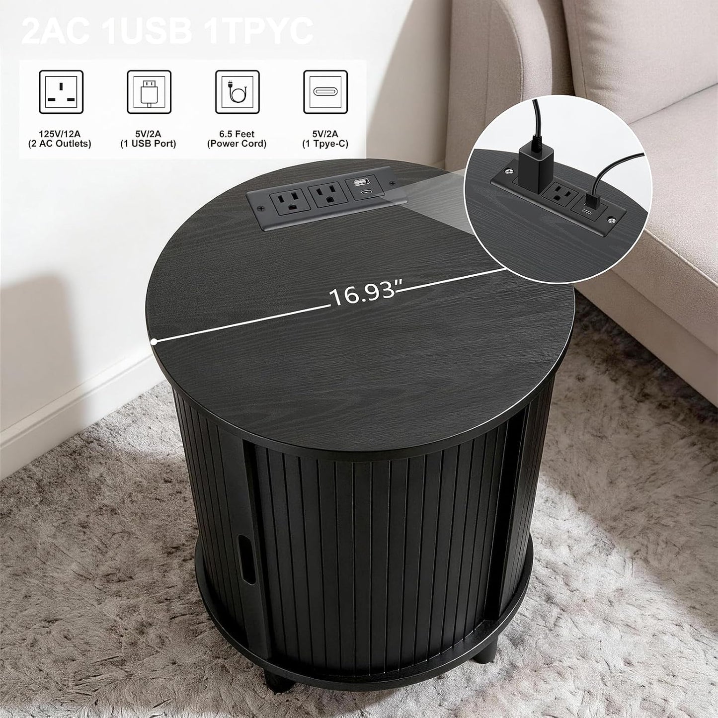 DHH Round End Table with Storage & Charging Station, Fluted Accent Side Table with Sliding Door & Adjustable Shelf, Mid-Century Nightstand for Small Spaces, Living Room, Bedroom (1, Black)