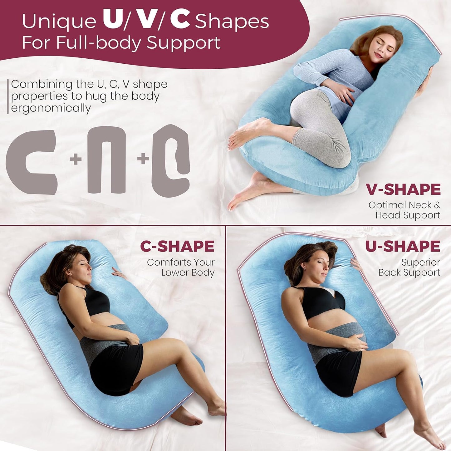 PILLANI Pregnancy Pillows for Sleeping - V C U Shaped 57inch Full Body Pillow with Removable Washable Cover, Cooling Maternity Pillow for Pregnant Women, Support for Back Belly Legs Hip