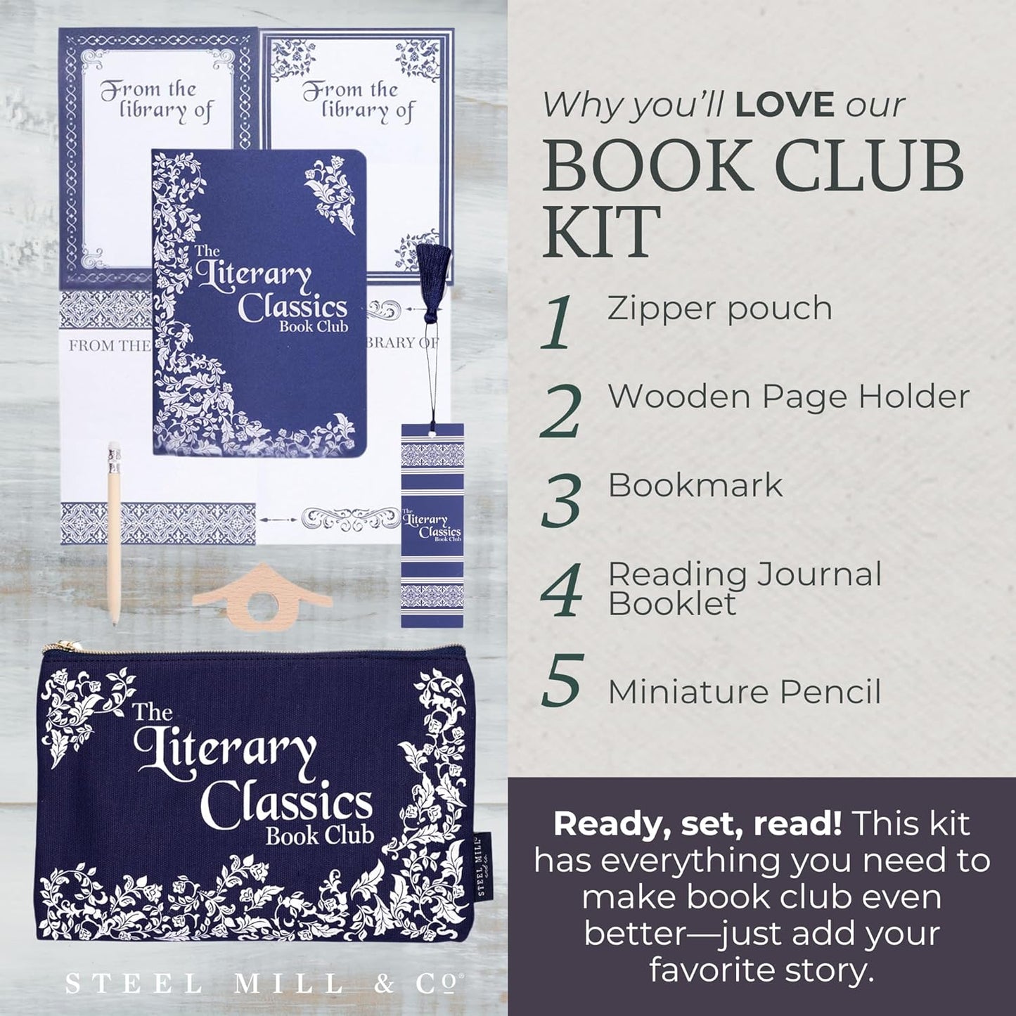 Steel Mill & Co Reading Kit Set with Book Journal, Pencil, Book Holder, Customizable Labels, Bookmark and Zipper Canvas Pouch (Literary Classics)