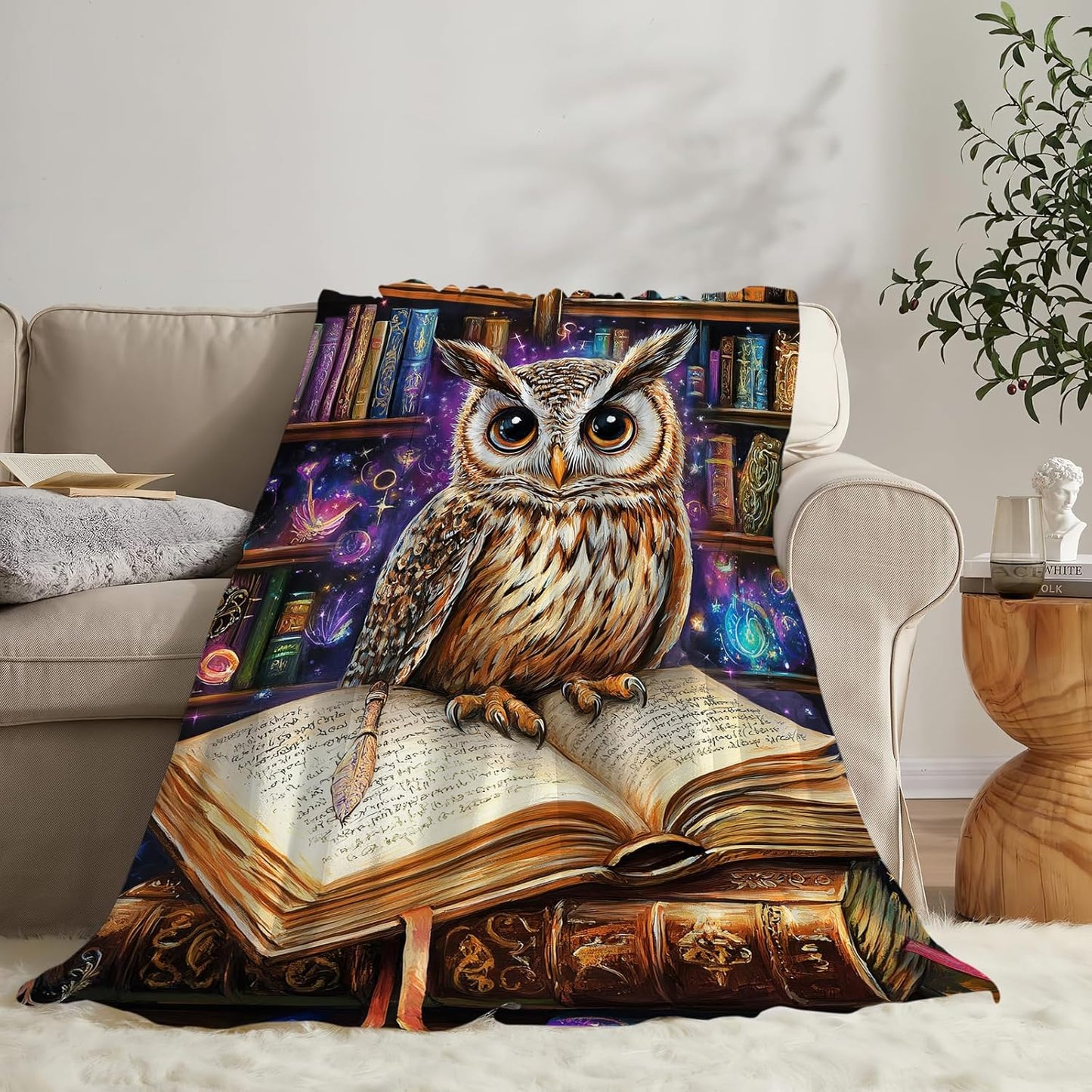 Owl Blanket Fantasy Owl Magic Book Reading Throw Blanket Soft Warm Cozy Fuzzy Plush Gifts for Girls Women Lightweight Fleece Flannel Stuff Decor Blankets for Kids Adults 50"X40"