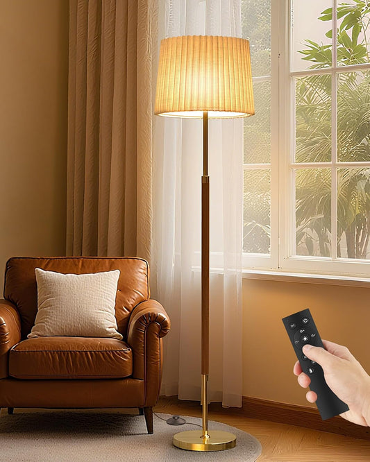 JOOFO Mid-Century Modern Wood Floor Lamp with Dual Fabric Shade, Remote Control, Dimmable & Adjustable Color Temperature, Reading & Living Room Lamp, Easy Clean Cover, Foot Switch,Walnut Wood