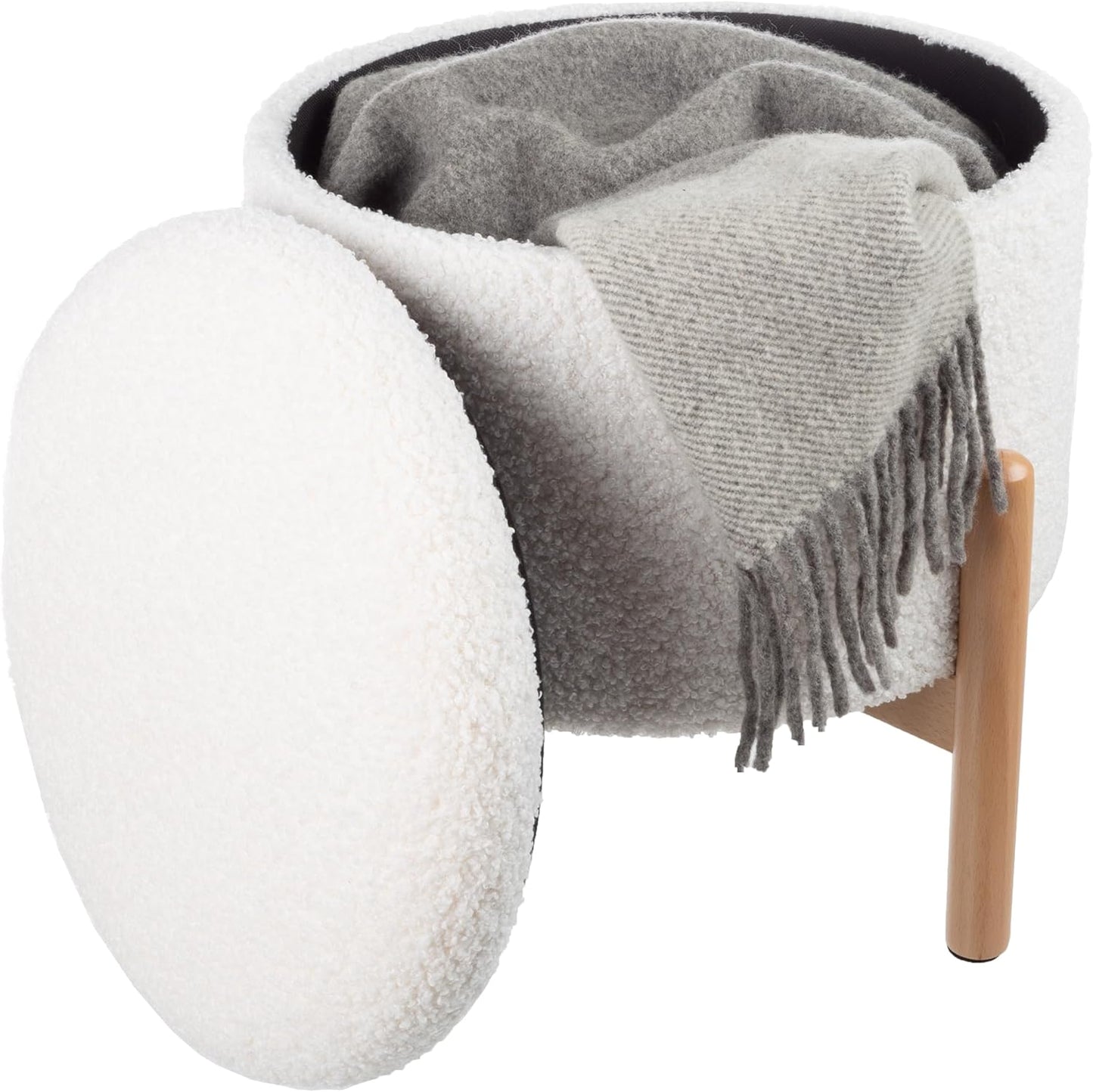 Round Sherpa Storage Ottoman Pouf with Removable Lid – Plush Couch Footrest & Hidden Organizer for Small Spaces, Dorm or Living Room by Lavish Home (White)