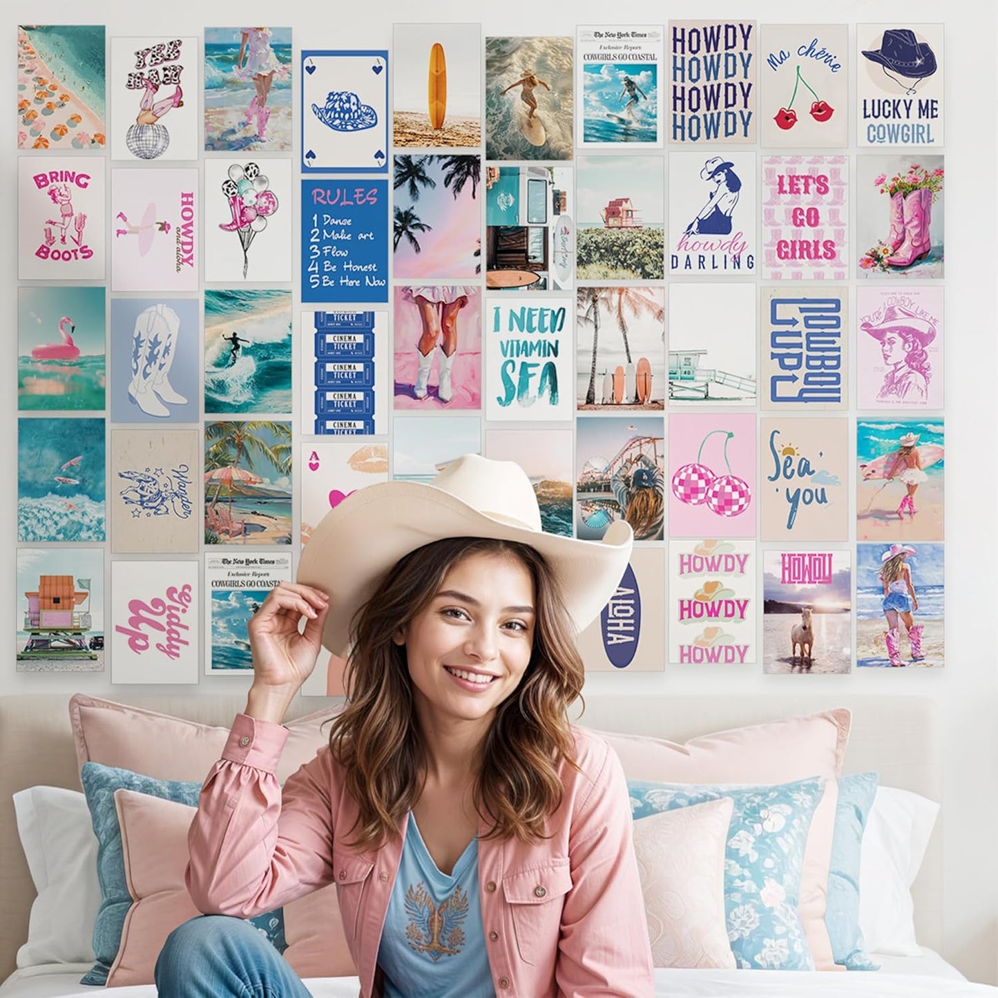 Fardes Cowgirl Wall Art Aesthetic Prints, Wall Collage Kit with 50pcs Coastal Posters for Beachy Granddaughter Room Decor