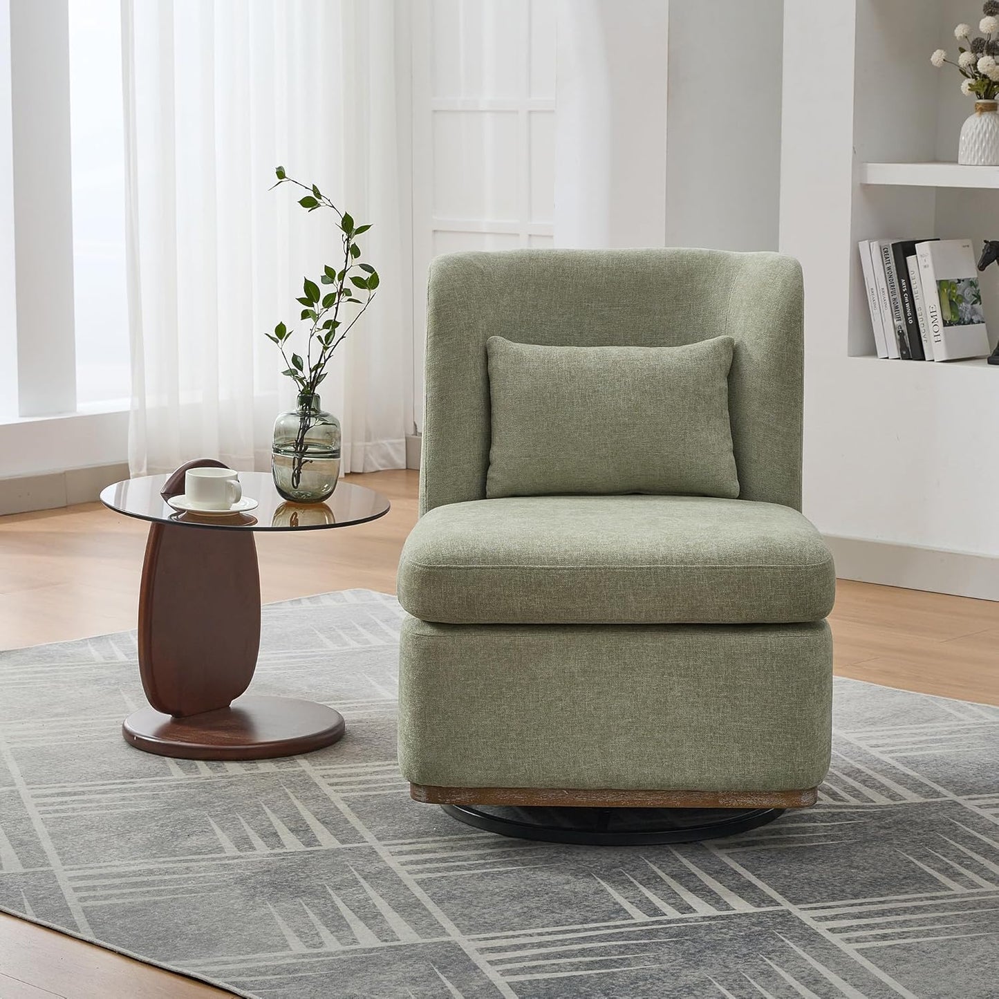 Modern Swivel Accent Chair 25.2 "Wide Chenille Upholstered Armless Sofa Chair with Pillow, 360° Swivel Reading Chair with Metal Base for Living Room Family Room Bedroom Lounge Area, Office, Pale Green
