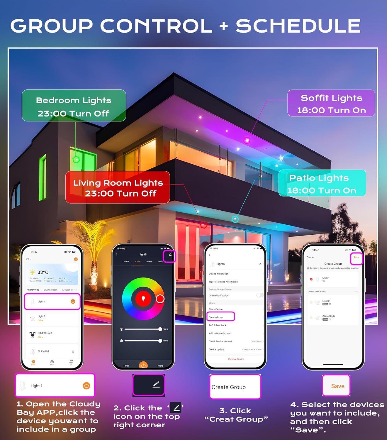 CLOUDY BAY [4 Pack] 6 inch Gimbal Smart WiFi LED Recessed Lights,RGBCW Color Changing,Compatible with Alexa and Google Home Assistant,No Hub Required,2700K-6500K,IC Rated,Black