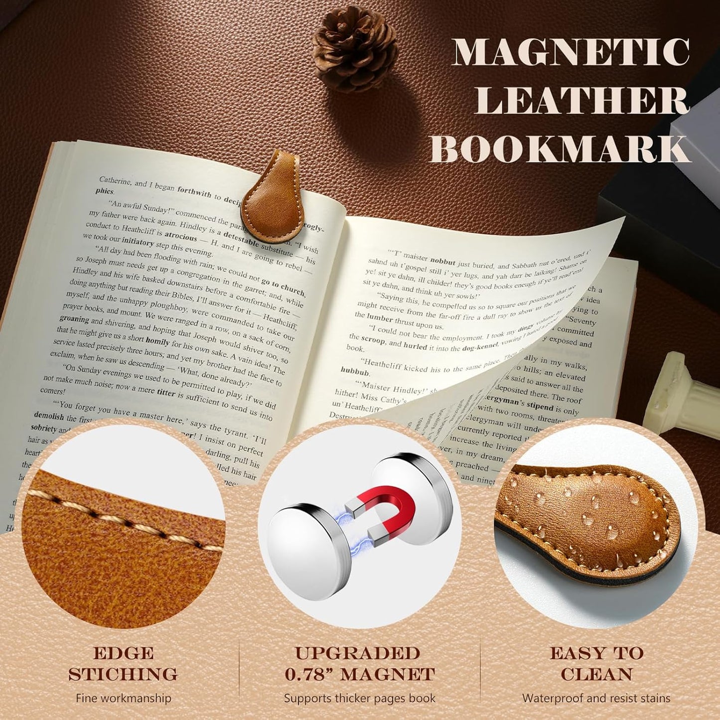 Leezmark 4 Pcs Magnetic Bookmarks, Classic Stitched Leather Bookmark, Lasable Engravable Blanks, Page Markers Reading Gifts for Book Lovers, Readers, Teachers, Leather Book Marks for Men Women