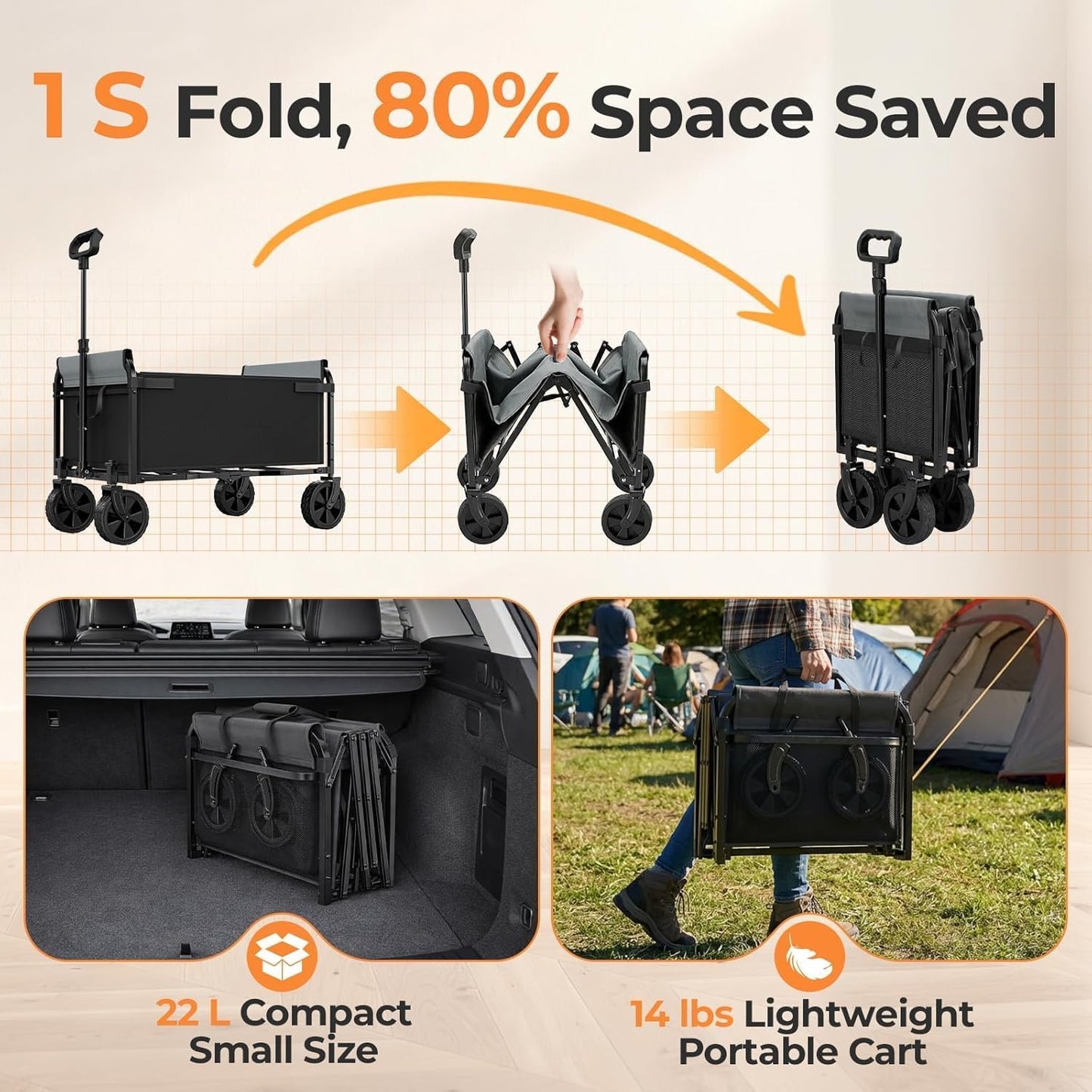 3-in-1 Portable Collapsible Wagon, Foldable Cart with Removable Side, Utility Groceries Wagon Cart for Dogs Pets Shopping Camping Beach Sports Gardeing Fishing, Black