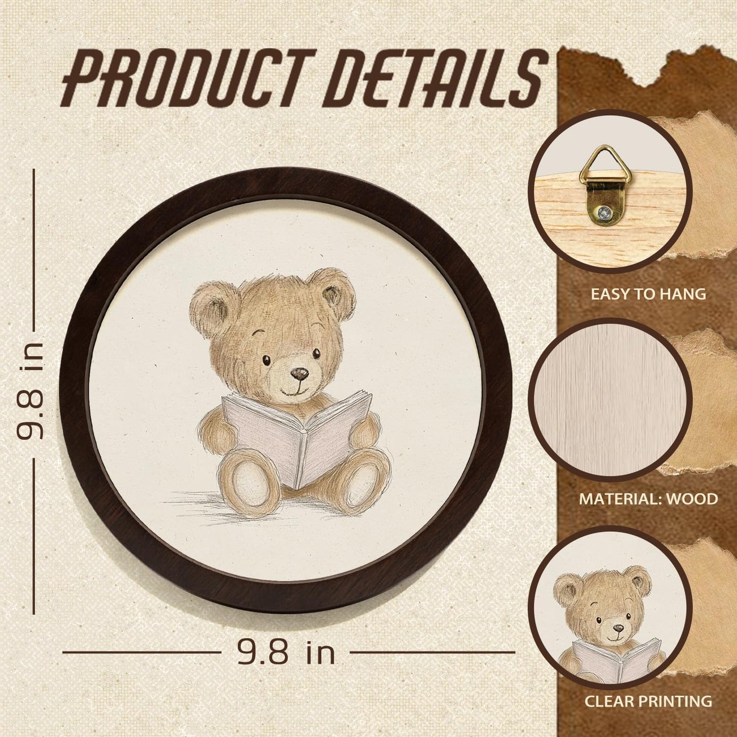 SkyCozy Bear Nursery Reading Book Framed Wall Art Decor, Neutral Baby Bear Animal Bookish Round Wooden Hanging Wall Decor for Reading Room Kids Boy Girl Nursery Bedroom Playroom, 10x10 Inch