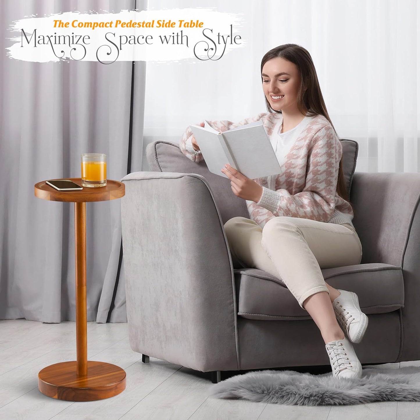 BLUEWEST Drink Table, 22" Tall Compact Side Table with Phone Slot and Weighted Base, Durable Pedestal Table Accent for Living Room, Bedroom, or Office, Cocktail and Martin (1, Acacia)