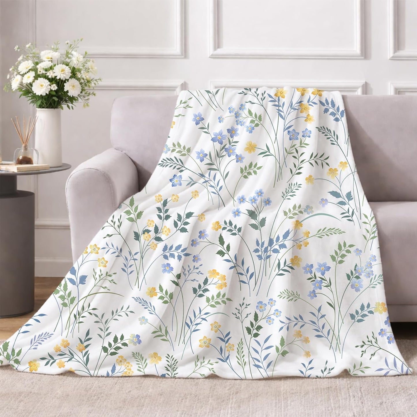 Spring Floral Throw Blanket Country Blue and Yellow Flower with Green Leaf Plant Pattern Soft Cozy Flannel Fleece Blankets for Couch Sofa Bed Chair Ideal Gifts for Women Mom Wife, 50" x 60"