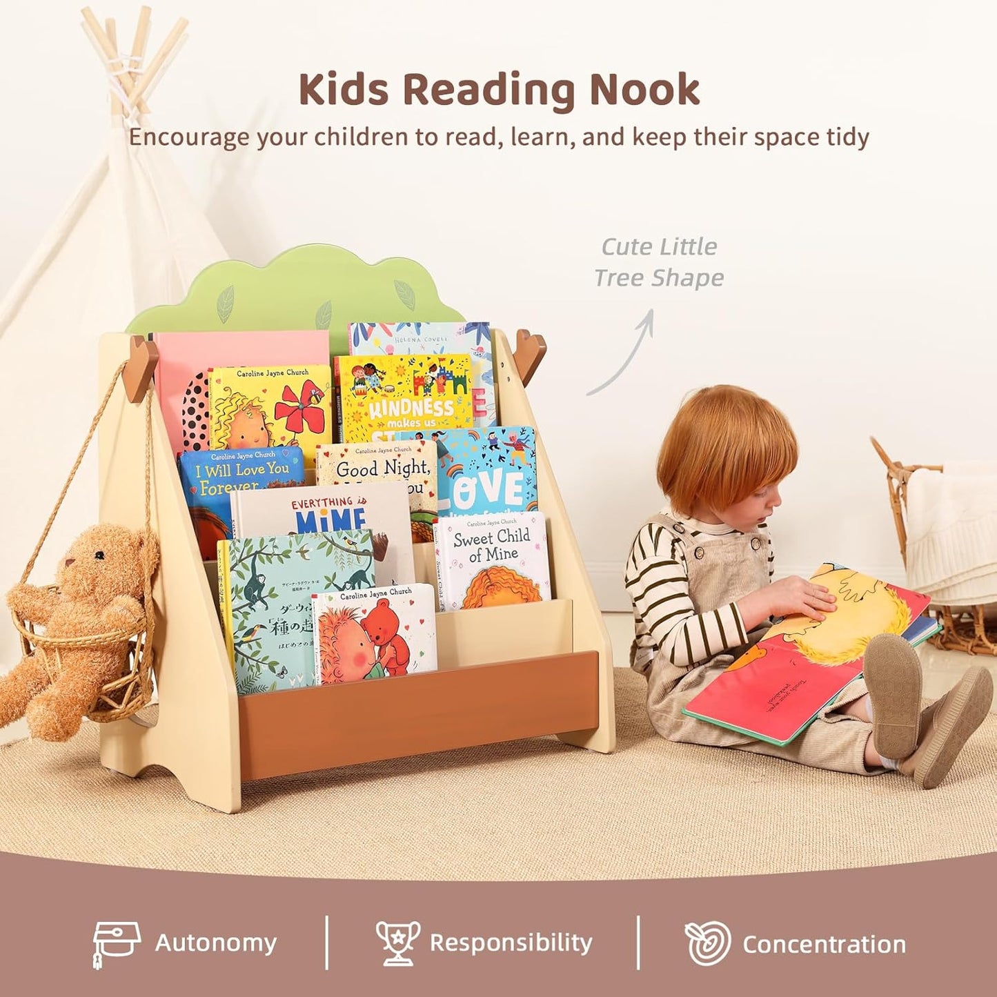OOOK Montessori Bookshelf for Kids, Premium Pine Baby Bookshelf, Front Facing Toddler Bookcase for Nursery, Playroom, Classroom
