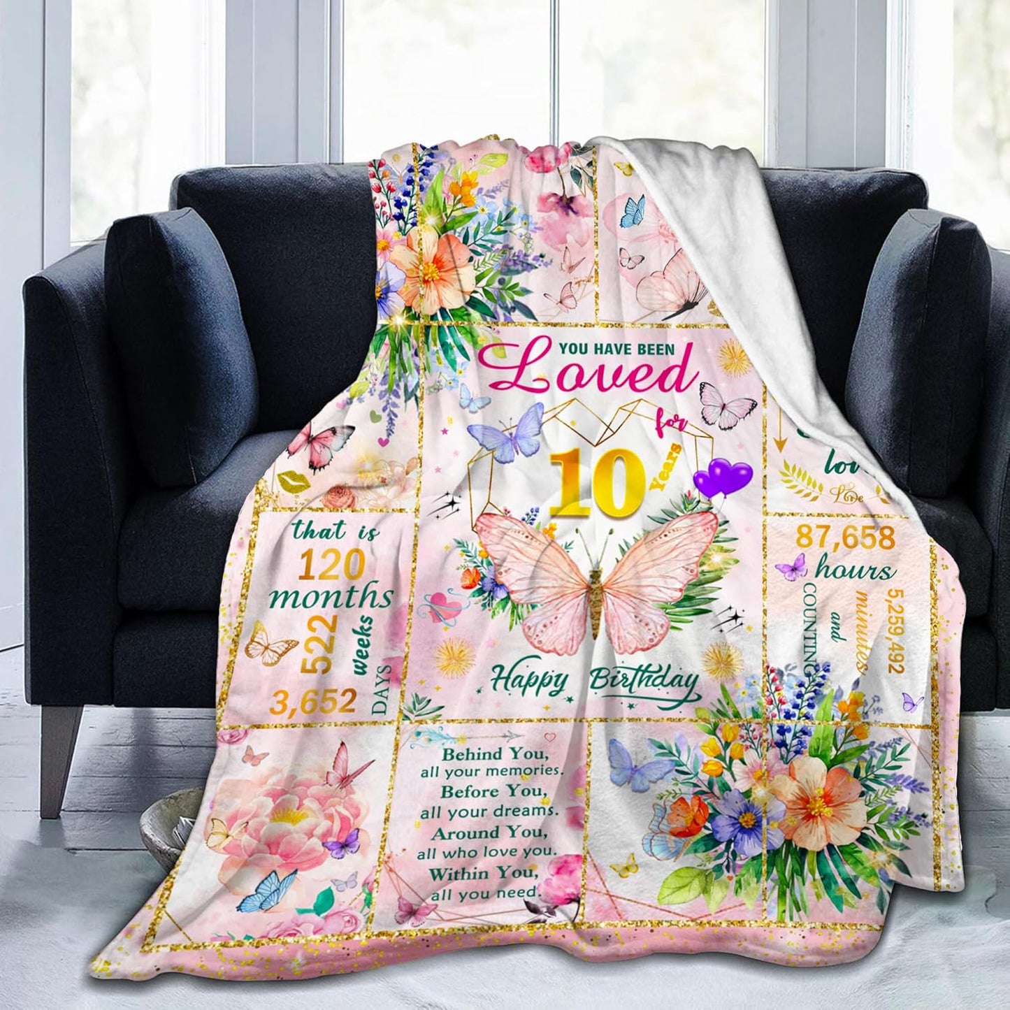 10th Birthday Gifts for Girls, Birthday Gift for 10 Year Old Girl, Super Soft Unique Funny Pink Butterfly Flower Blanket for Girls, Gifts for 10 Year Old Girl, Warm Cozy Plush Fuzzy Blanket 50"x40"