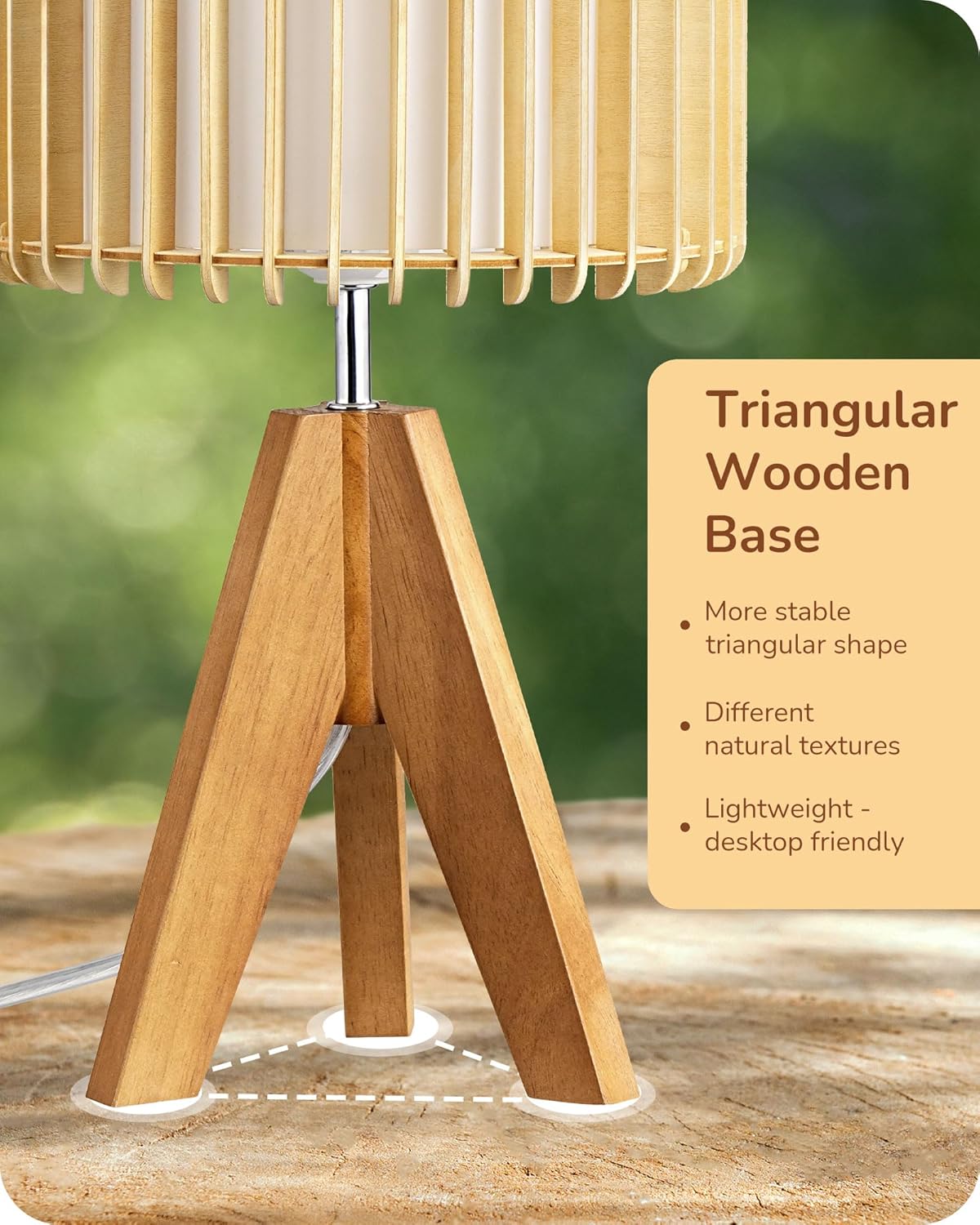 EDISHINE 14.17" Small Table Lamp, Wood Tripod Bedside Lamp, Natural Wood-Colored Hollow & White PVC Shade, E26 Base, Boho Nightstand Lamp for Bedroom, Living Room, Office, Study