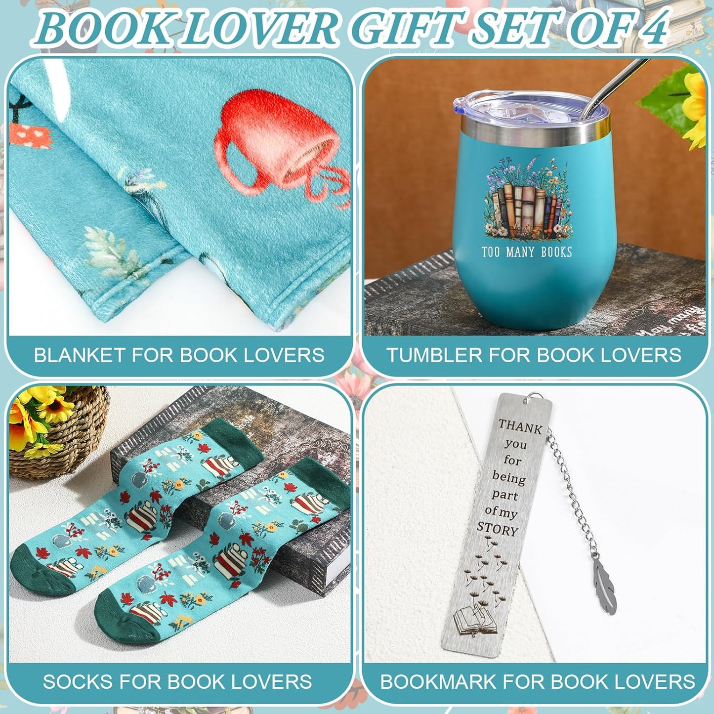 Sieral 4 Pcs Book Lovers Gifts for Women Book Gift Include 60" x 50'' Reading Blanket 12oz Insulated Tumbler Sock Bookmark for Valentine's Day Teacher Mother Bookish Library Club Librarian(Green)