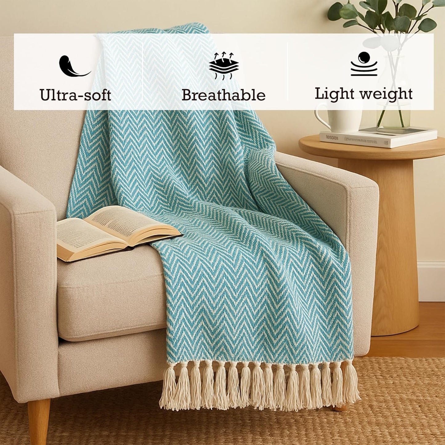RAJRANG Tile Blue Throw Blanket 50x60 in Boho Farmhouse Cotton Throw Chevron Blankets Decorative Throws with Tassels for Bed Sofa Chairs Couch