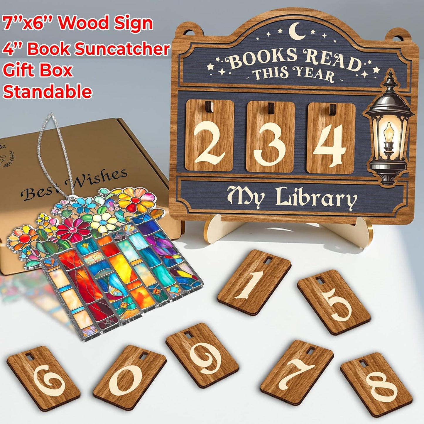 Books Read This Year Counter, Reading Tracker Sign for Home Library Decor, Book Suncatcher Ornament, Book Lover Gift for Librarian, Reader, Teacher, Women, Bookshelf Accessories for Wall & Table FF754