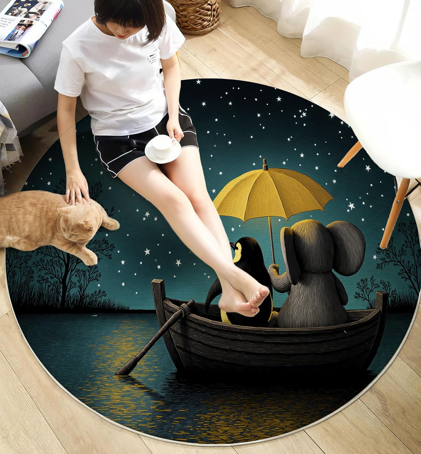 Round Rug for Kids Room, Dreamy Starry Sky Lake Round Rugs 2Ft, Cute Penguins Elephants Circle Rug, Turquoise Washable Circle Carpet for Living Room Bedroom, Non Slip Low Pile Thin Area Rugs