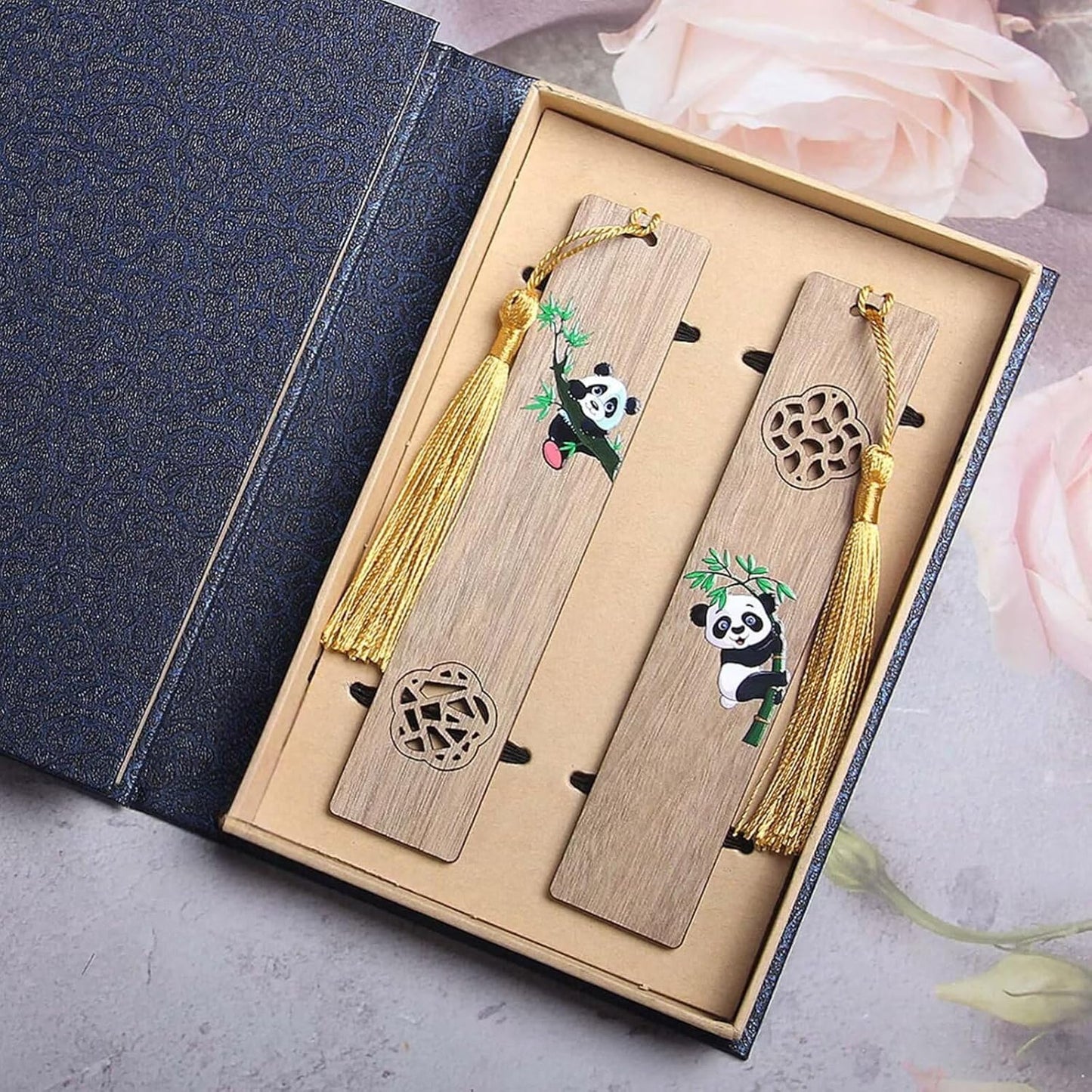 2pcs Wooden Bookmark,Personalized Page Markers 5.71"x1.18" Wooden Bookmark Set Book Accessories, Hollowed Panda Pattern with Pendant Text Book Marker Perfect Gift for Adults Students