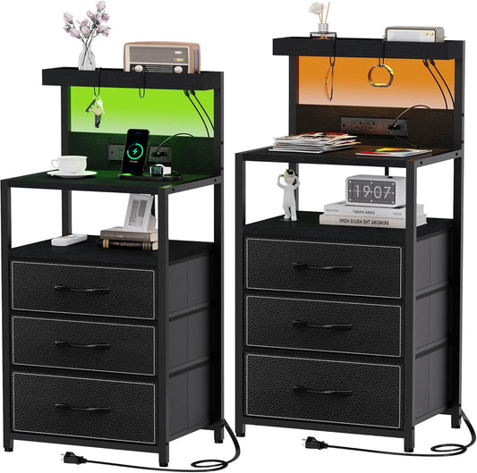 Night Stand Set 2 with LED Lights, Bedroom Nightstands with Power Outlet and Type C Port, Bed End Tables with 3 Fabric Drawers, Matching Bedside Tables with Hooks and Shelves, Black