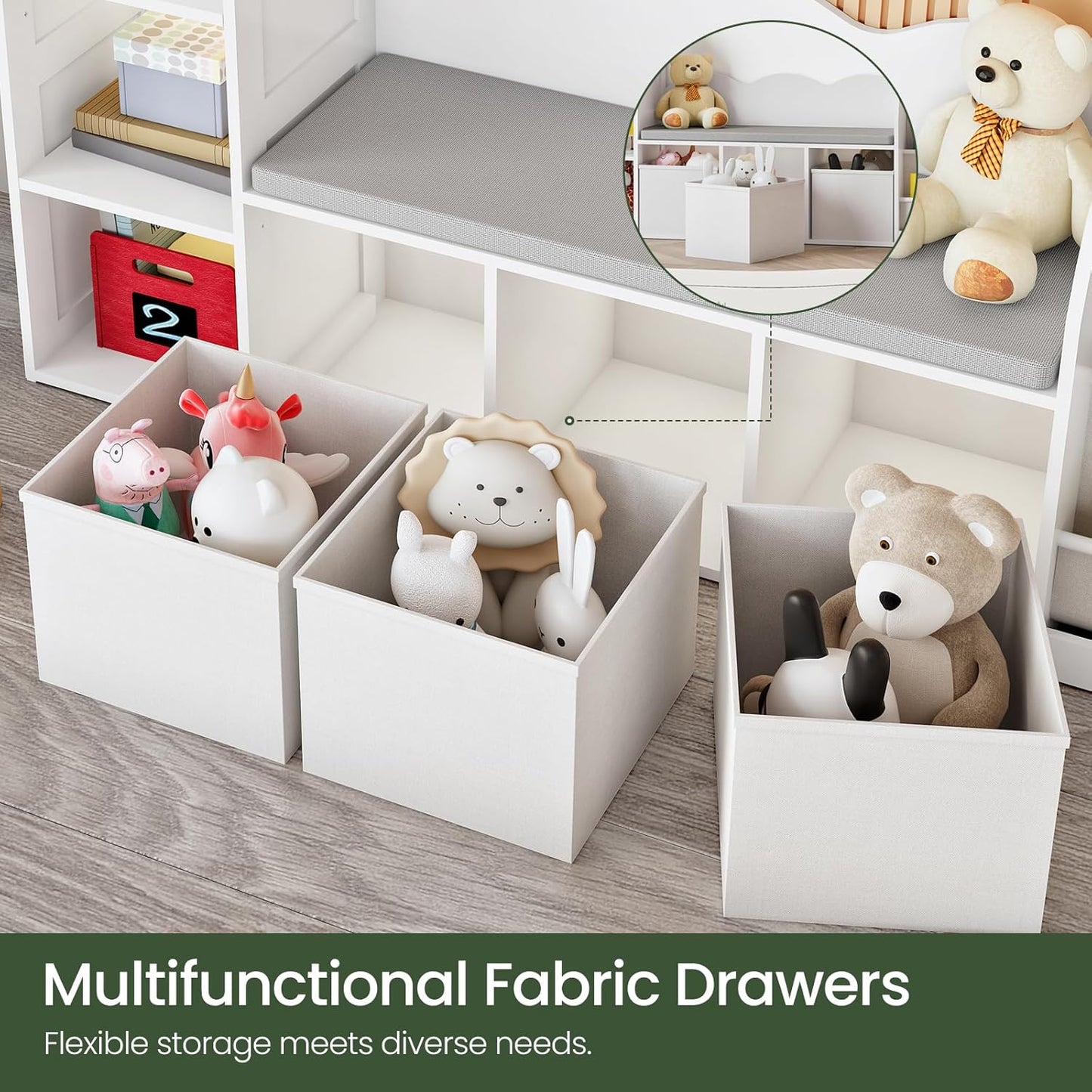66.9" Kids Bookshelf with Reading Nook, 3-in-1 Kids Bookcase with Cushion and Sling Shelf, Toy Chest Storage with Fabric Drawers, Reading Nook for Kids, for Playroom, Nursery, White MCW08WB