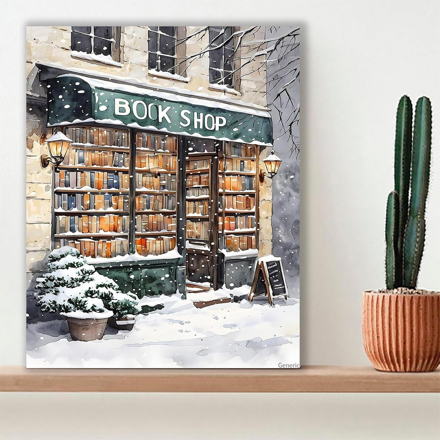 Bookstore Art Prints Winter Bookstore Aesthetic Library Wall Watercolor Poster Corner Painting Prints Corner Wall Decoration Snow Scene Library Canvas City Paintings 8x10inch Framed