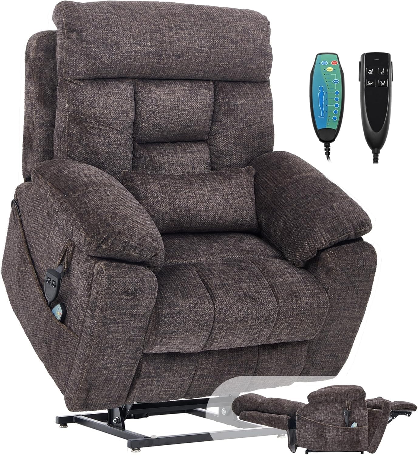 Velvet Sofa for Living Room with 2 Remote Controls and Two Cup Holders Recline Power Lift Recliner Chair with Massage and Heating Functions