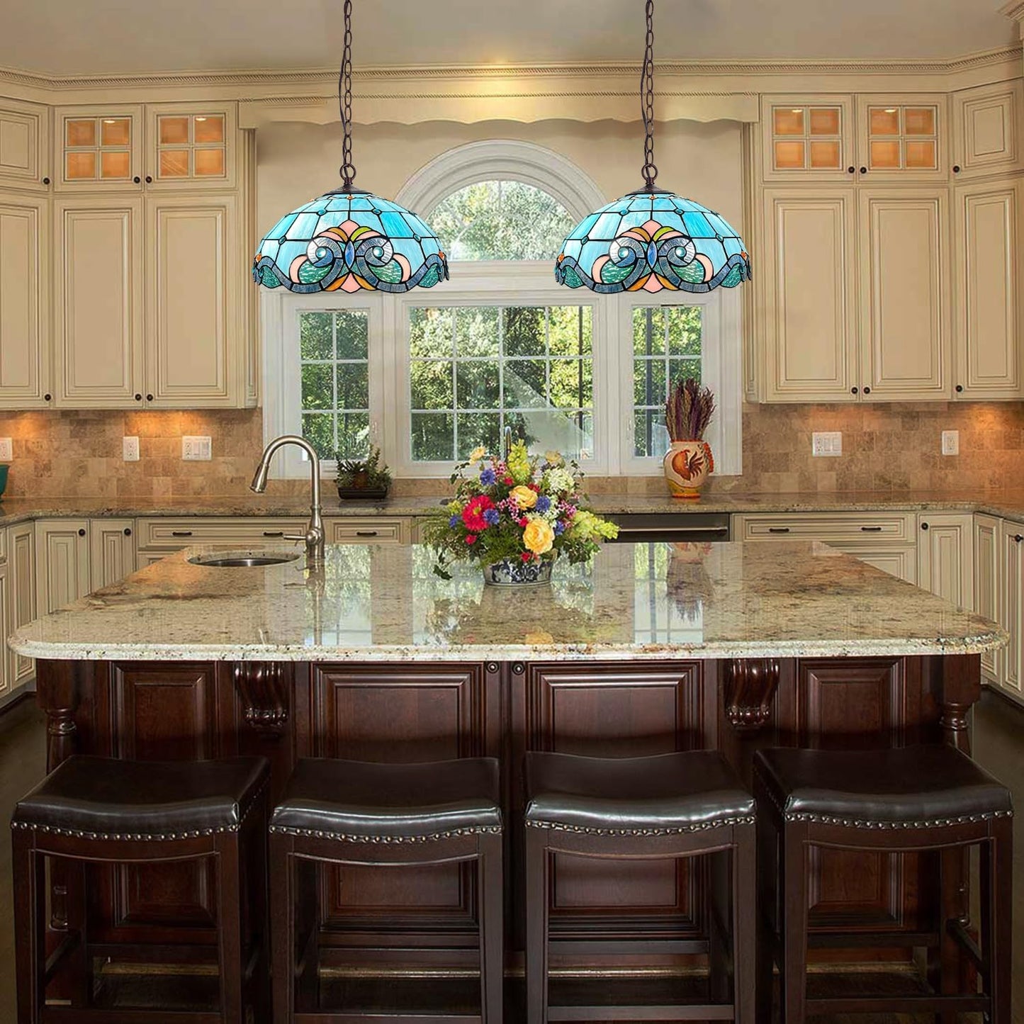 Tiffany Style Pendant Light Fixture 16" Stained Glass Hanging Lamp with Metal Chain for Dining Room Kitchen Bedroom - E26 Base 2 Lights