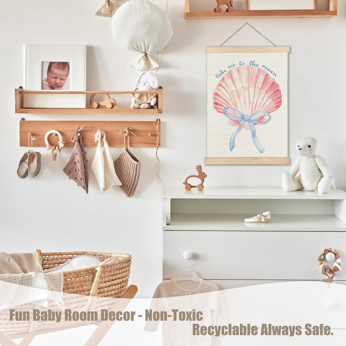 WUCHJ Coquette Blue Bow Seashell Beach Wall Art Poster, Preppy Coastal Ocean Wall Decor, Beachy Aesthetic Pink Conch Canvas Prints Artwork for Girls Room Dorm Apartment Decor, 12x16 Inch
