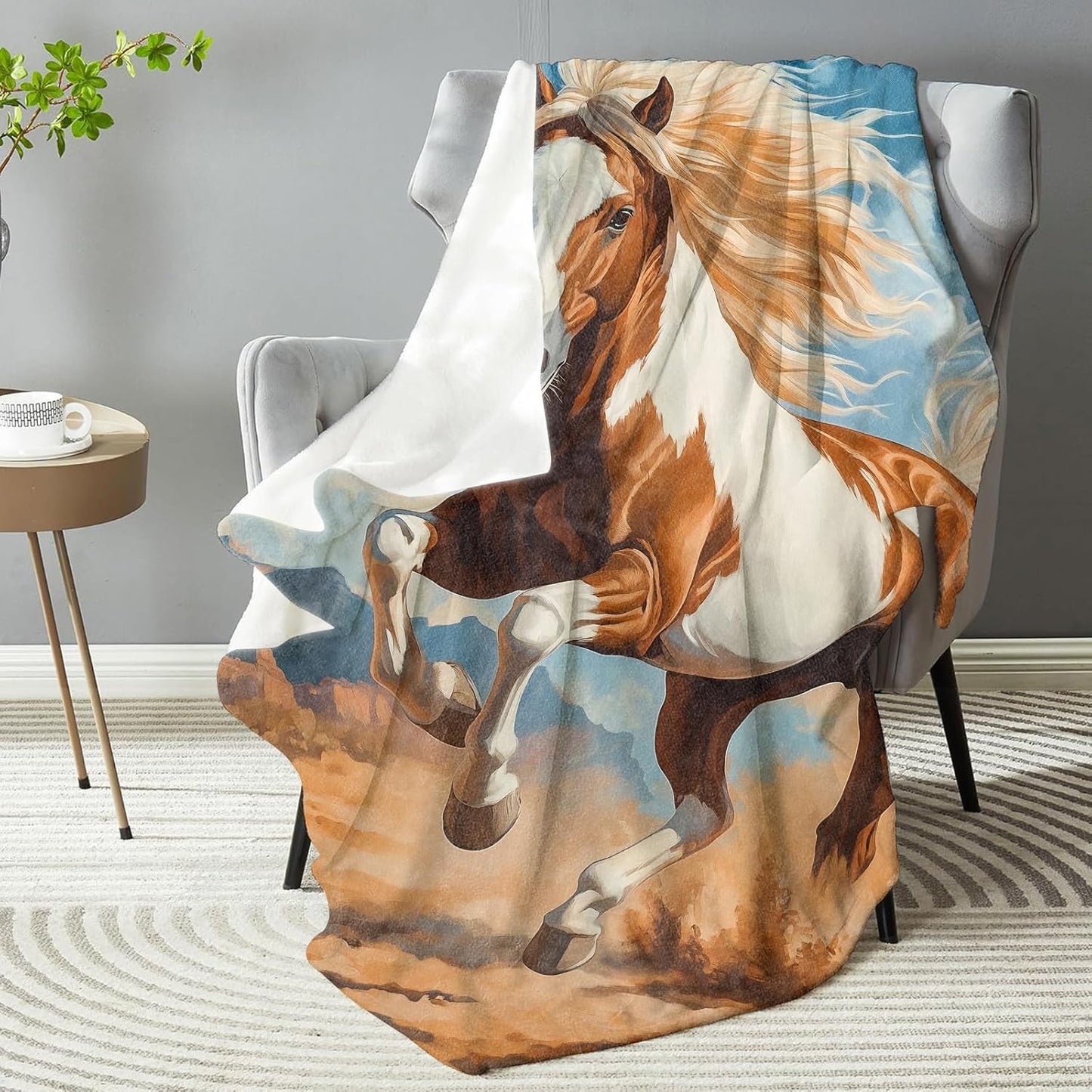 Rustic Horse Blanket,Western Style Decorative Throw with Blue Sky and Running Animal,Lightweight Flannel Blankets for Camping Farmhouse Travel,Ideal Gifts for Adults Outdoor Lovers 50"x60"