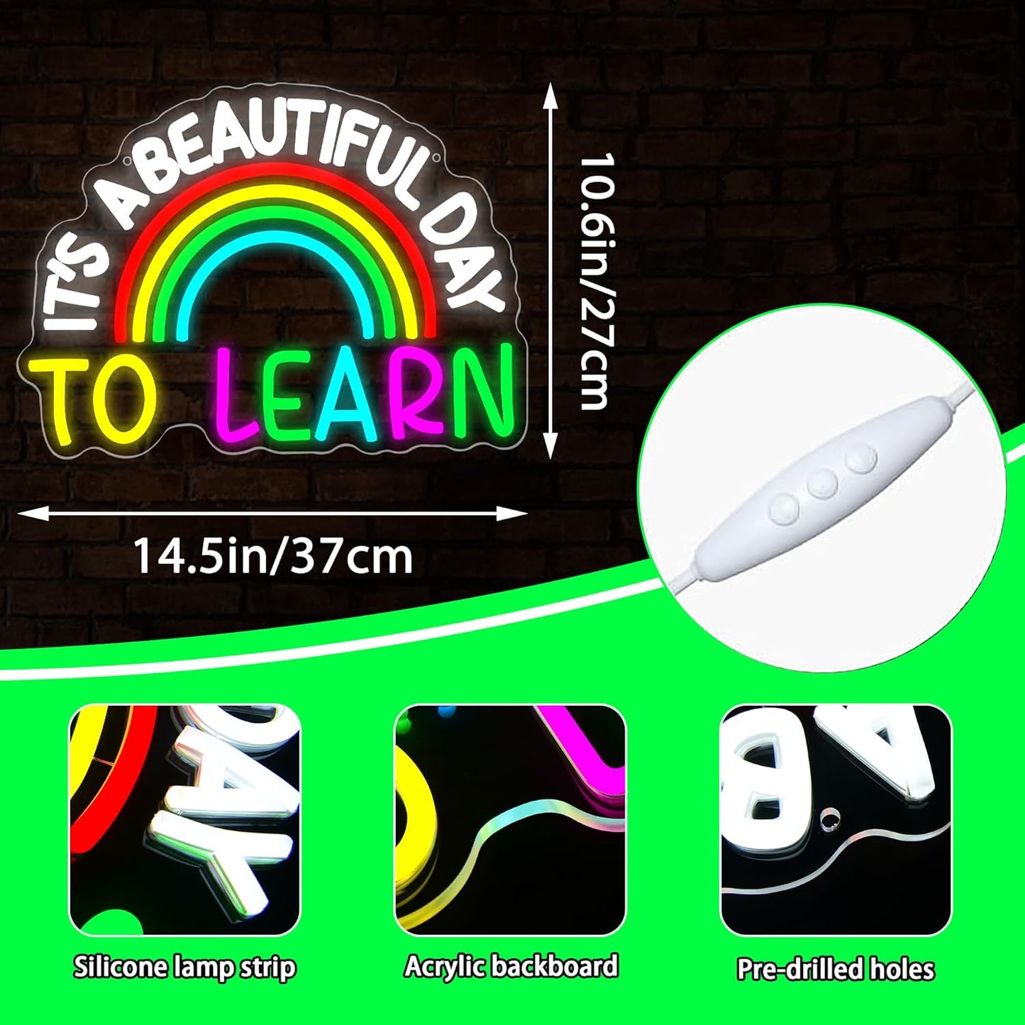 It's A Beautiful Day To Learn Neon Sign for Wall Decor Learn Neon Light for Classroom Dimmable Read Books LED Light Up Sign for Bedroom Study Room Library Office Birthday Gifts Size14.5*10.6In(JTD311)