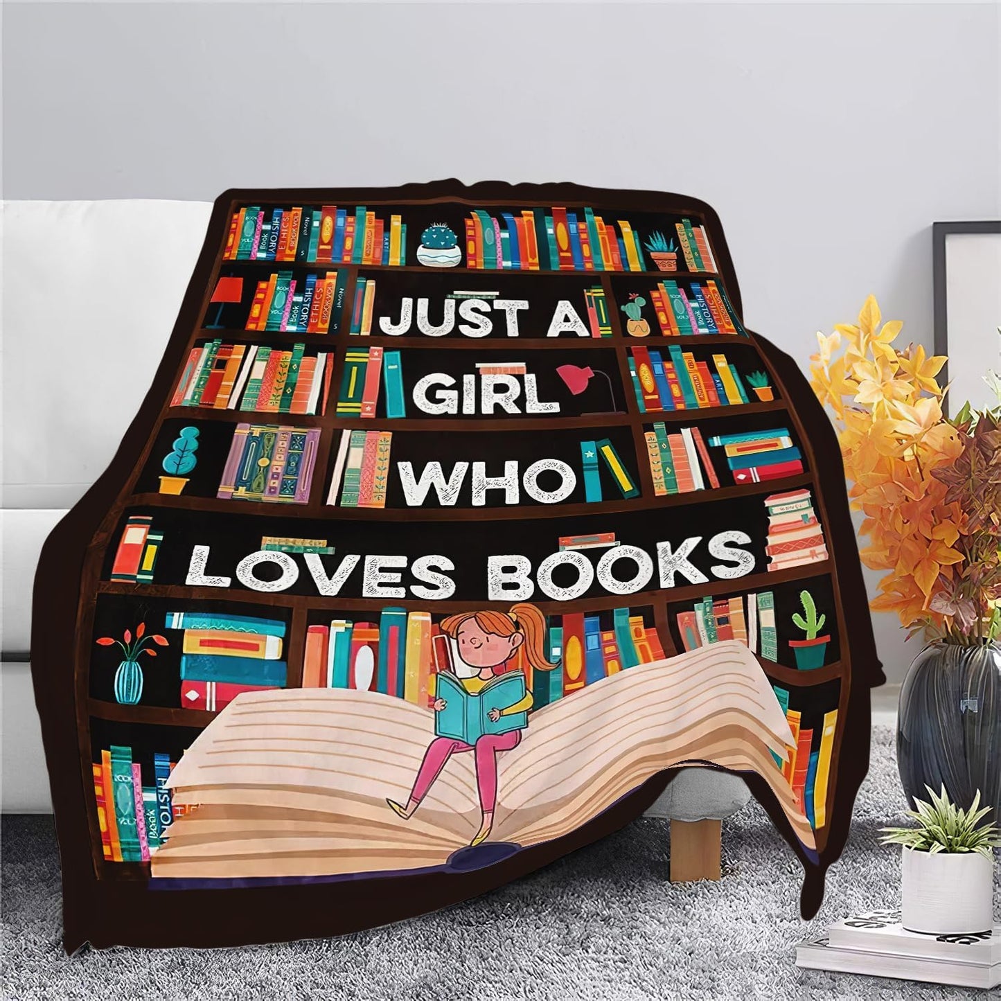 Book Blanket Just A Girl Who Loves Books Throw Blanket Stuff Decor Merch Cozy Flannel Soft Warm Plush Lightweight Bedding Gifts for Girl Woman Sofa Bedding Couch 50"X40"