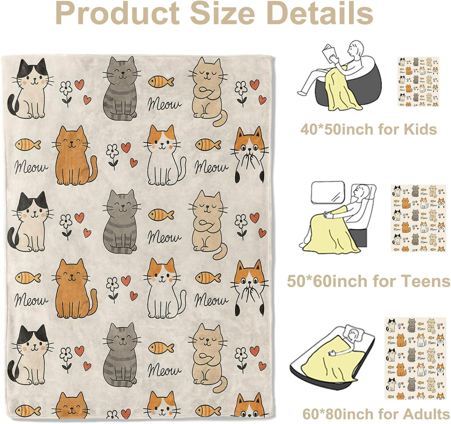 Cute Cat and Fish Throw Blanket, Lightweight Warm Funny Cartoon Kitten Flannel Blanket, Home Decor and Gifts, Soft Cozy Blankets for Women Girls Kids, 50"x60" for Bed Couch Travel