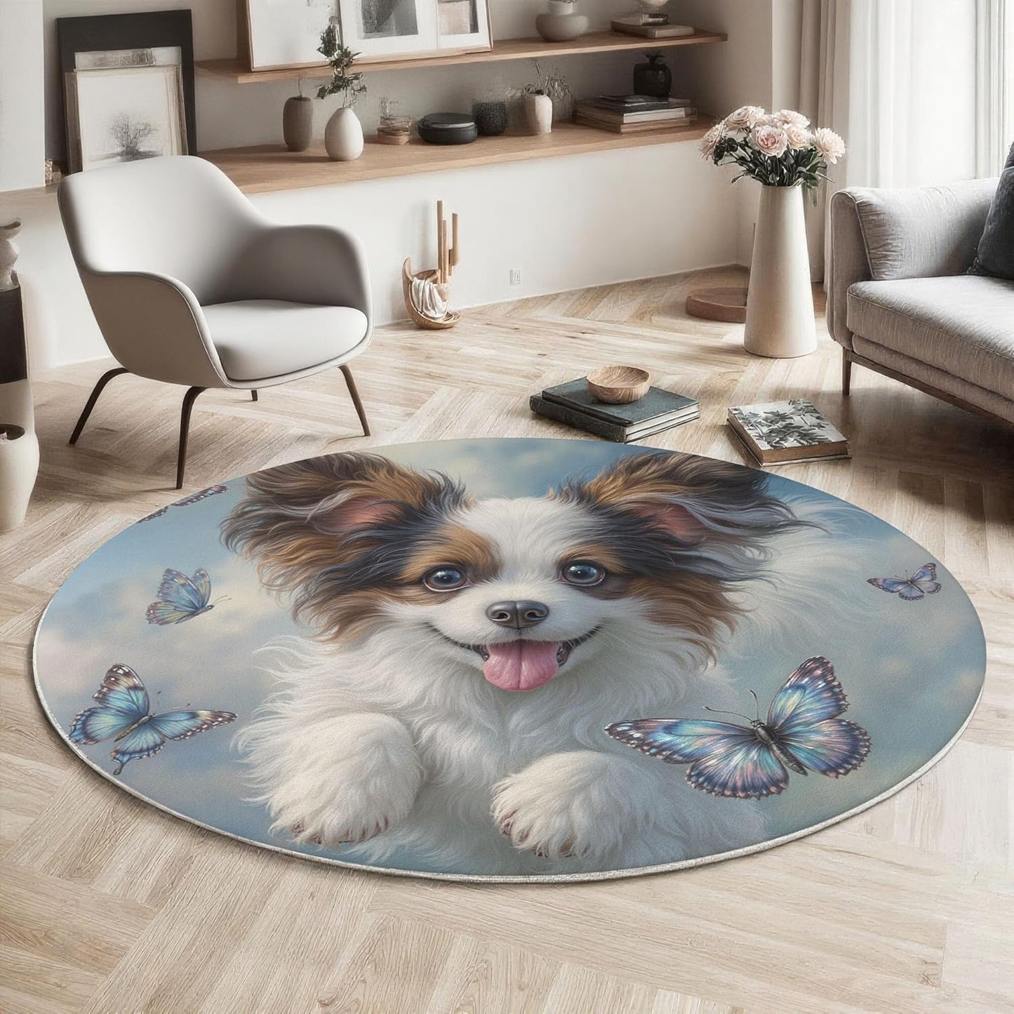 Washable Cute Puppy Butterfly Area Rug, 5Ft Round Rugs for Living Room Soft Carpet for Bedroom Animal Illustration Indoor Stain Resistant Non-Shedding Floor Carpet, Blue, 5Ft-Round